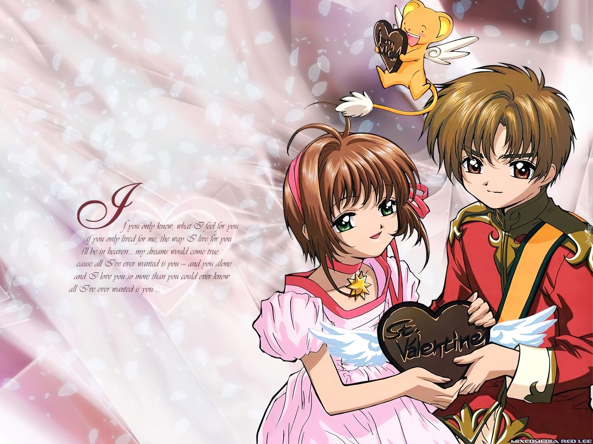 Cardcaptor Sakura, para, ludzie, napisy, serce, pluszak, skrzydełka