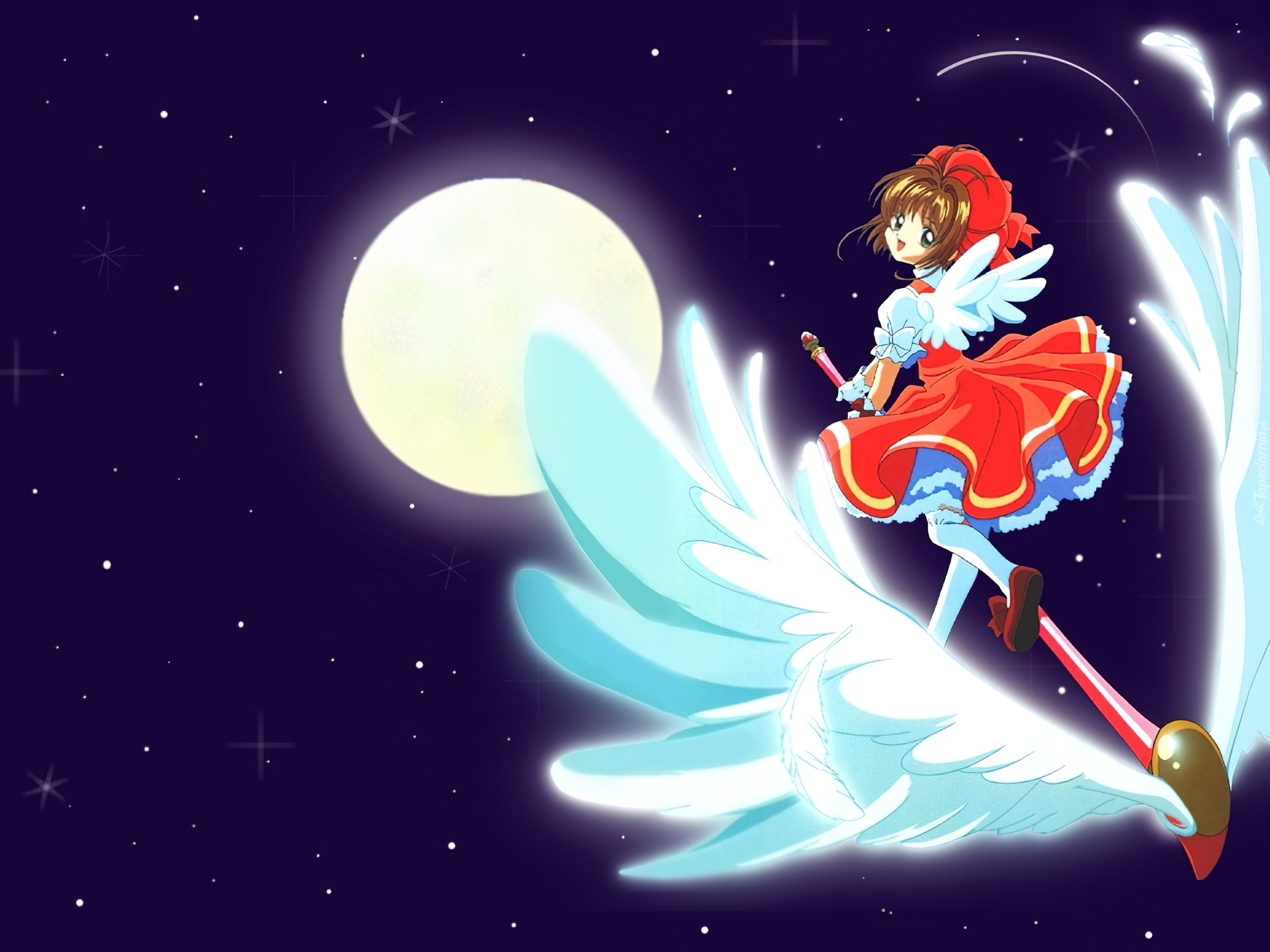 Cardcaptor Sakura, księżyc, skrzydła, kobieta, kij