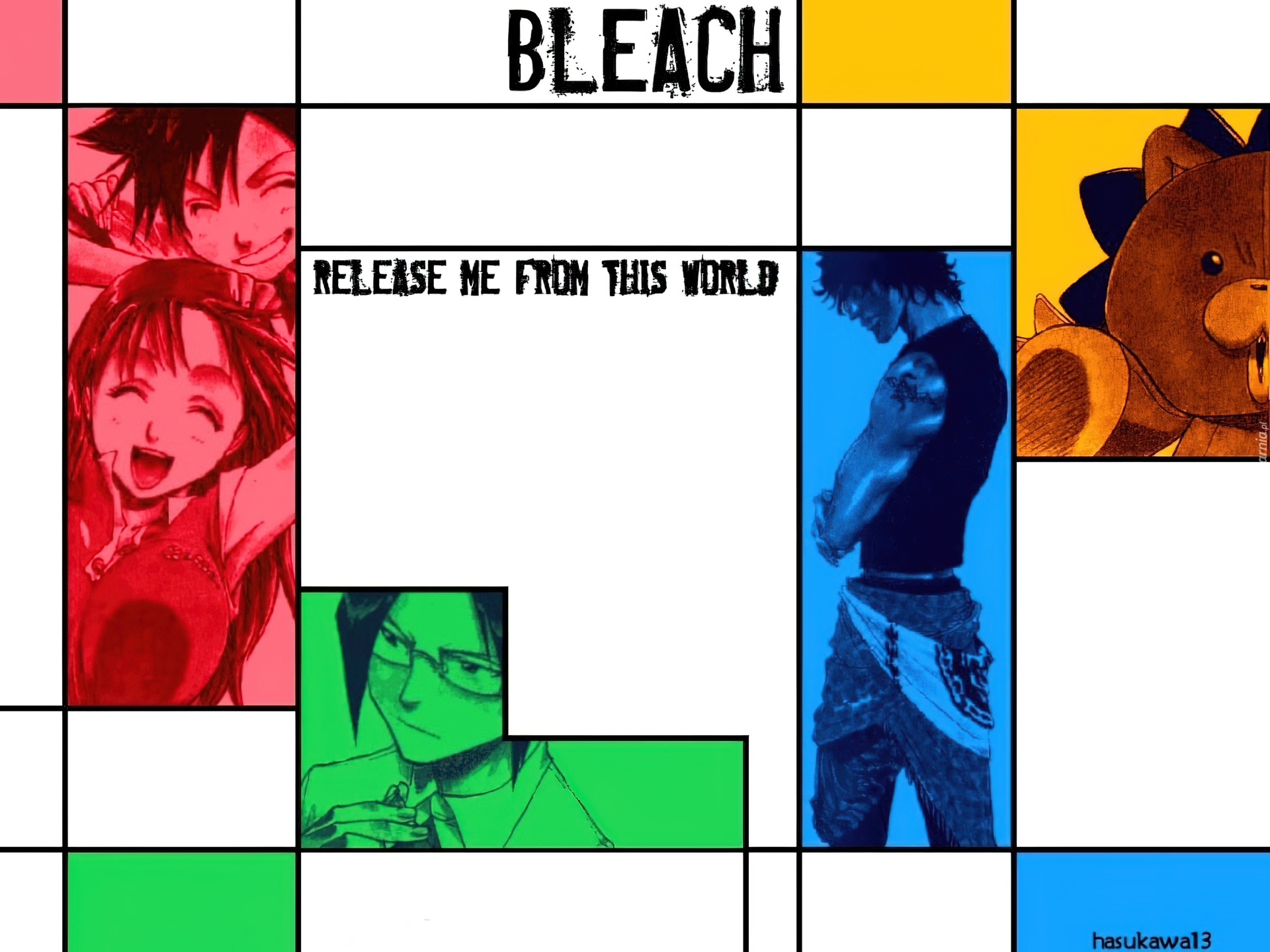 Bleach, ludzie, miś, fotki, plakat