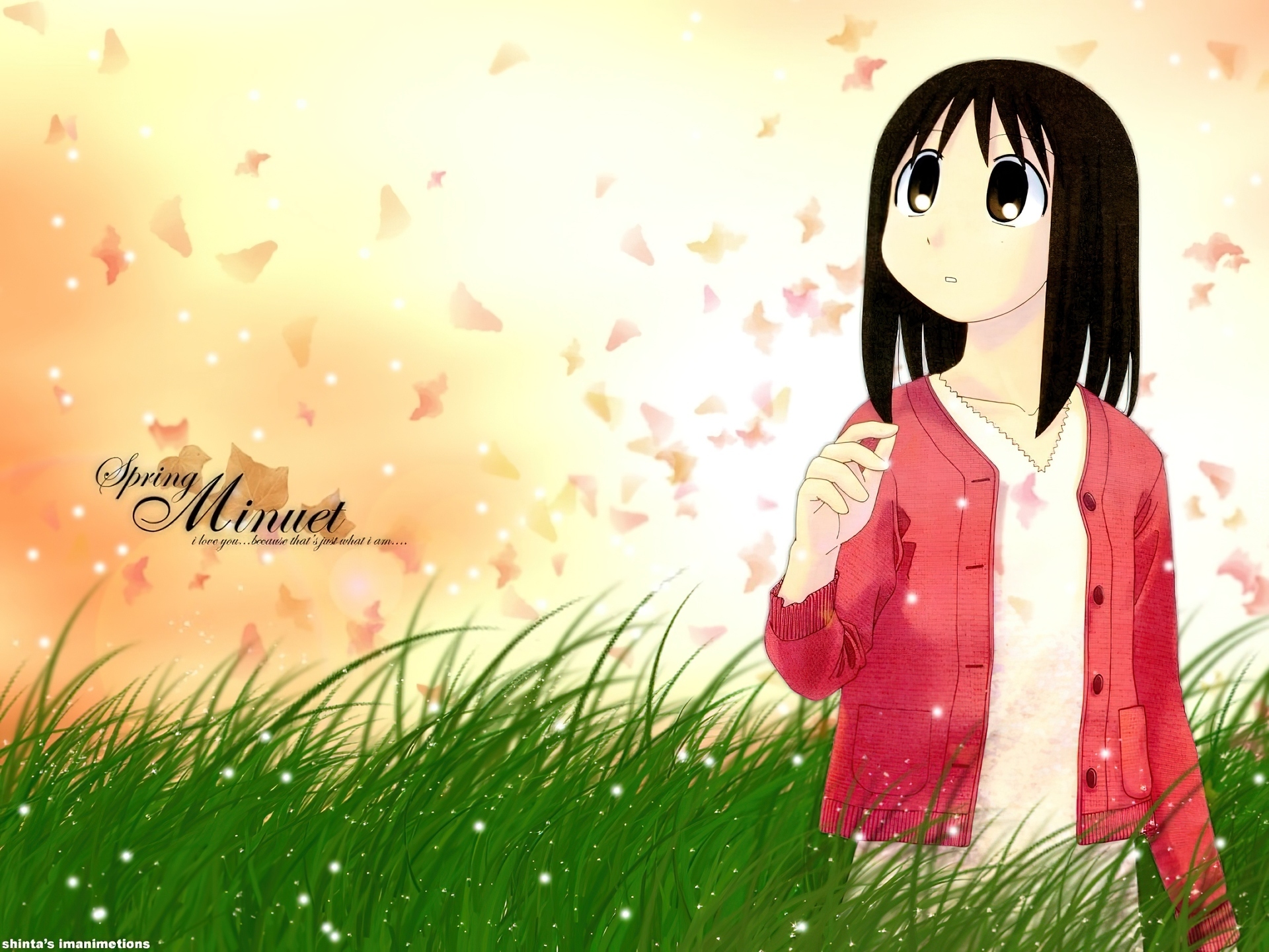 Azumanga Daioh, dziewczyna, trawa, napisy, motyle