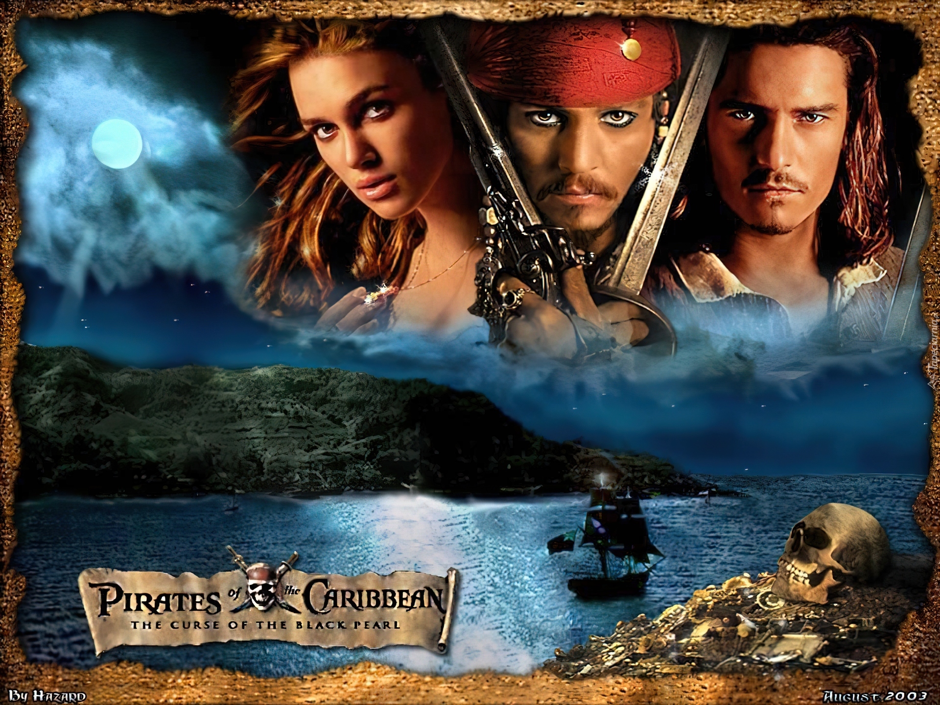 Piraci Z Karaibow Johnny Depp, Keira Knightley, Orlando Bloom, księżyc, woda