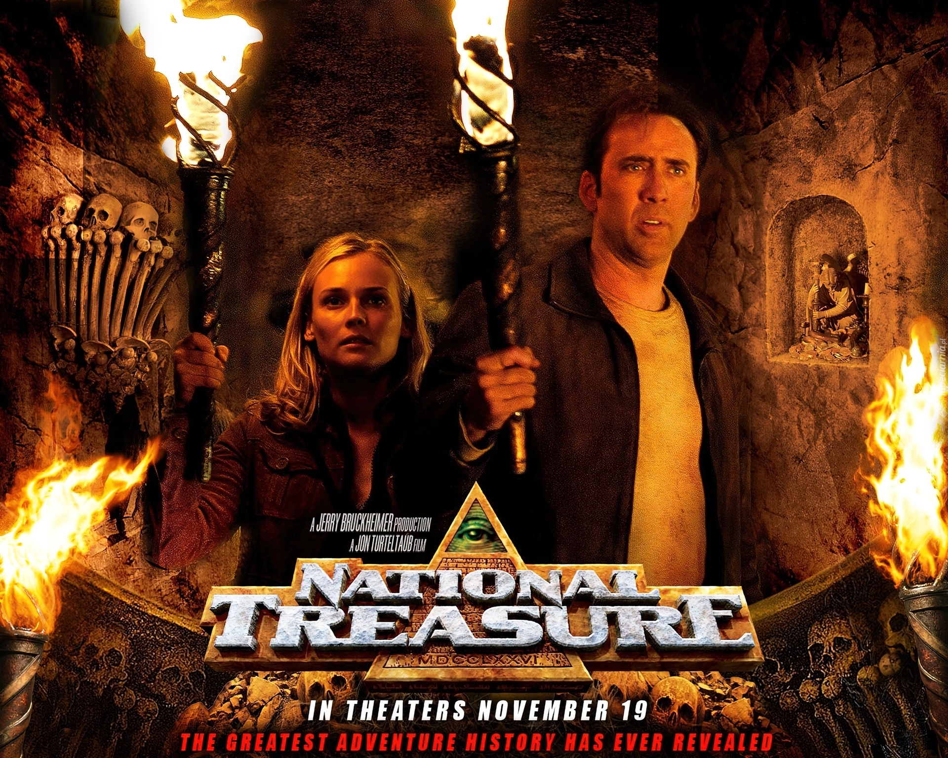 National Treasure 1, Diane Kruger, Nicolas Cage, pochodnie, podziemie