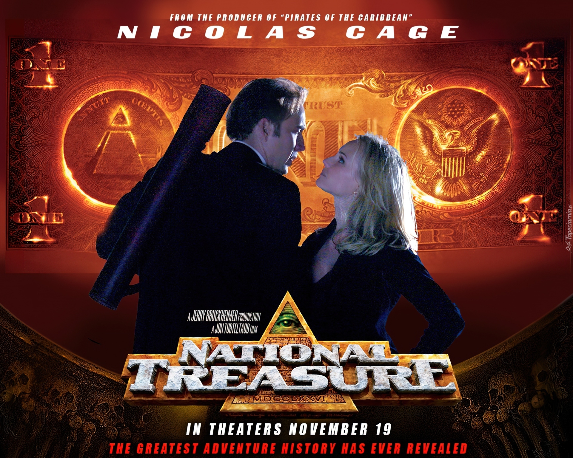National Treasure 1, Nicolas Cage, Diane Kruger, złoty, banknot
