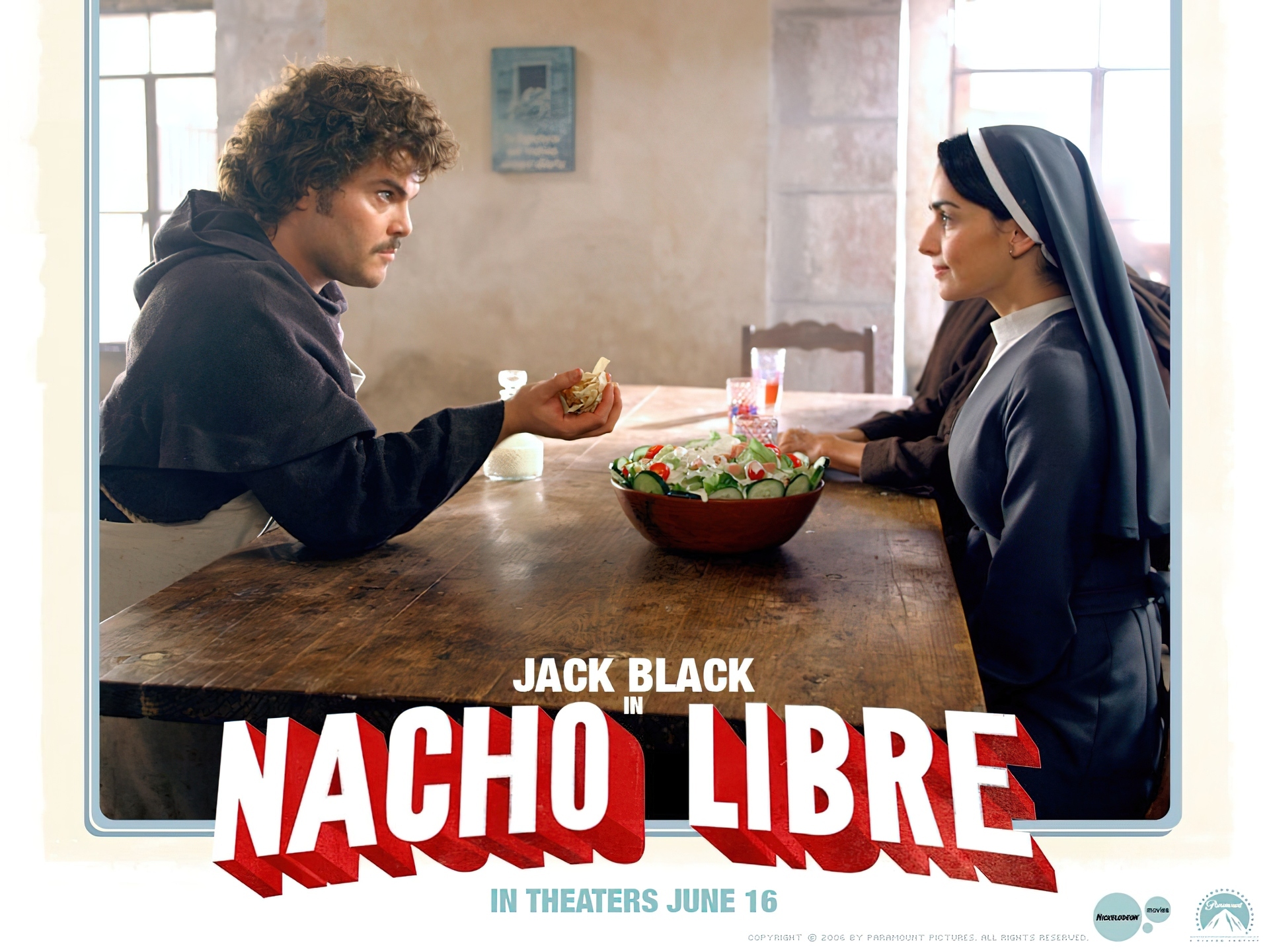 Nacho Libre, Jack Black, Ana Reguera, stół, sałatka