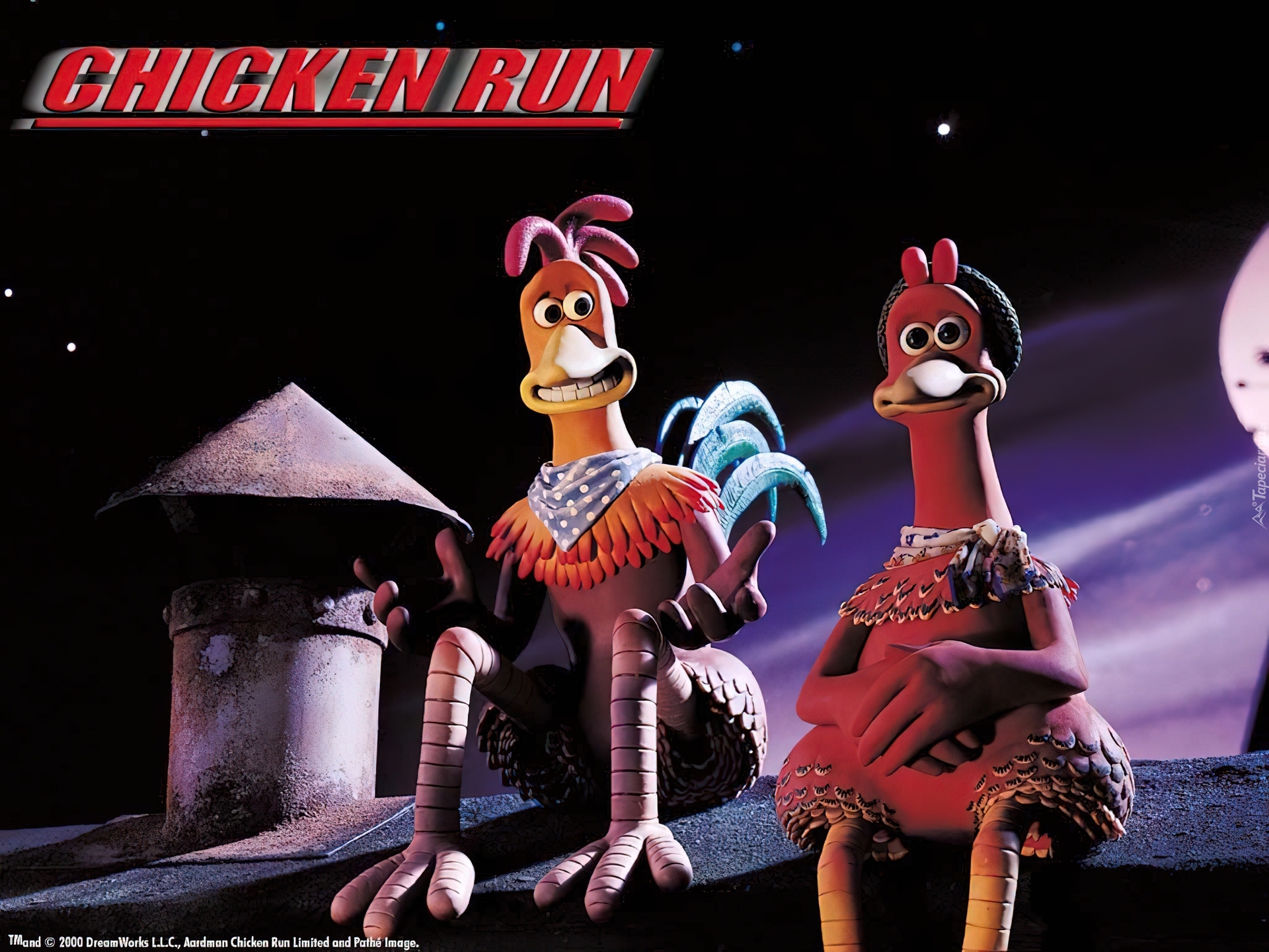 Uciekajace kurczaki, Chicken Run, dach, noc
