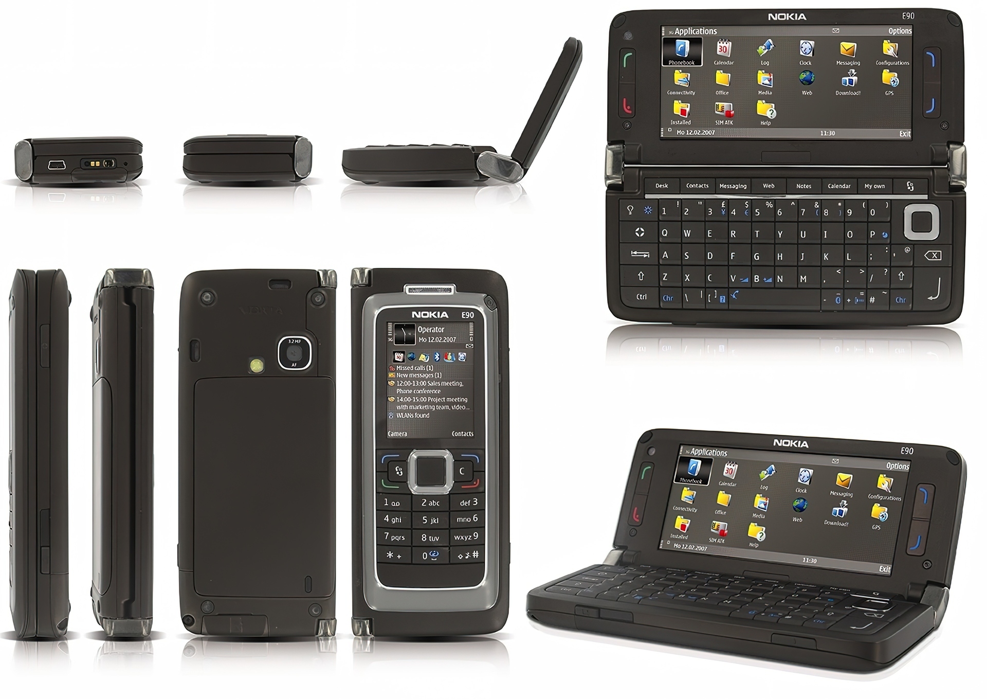 Nokia E90, Czarna, Panorama, Tył, Boki, Góra, Dół