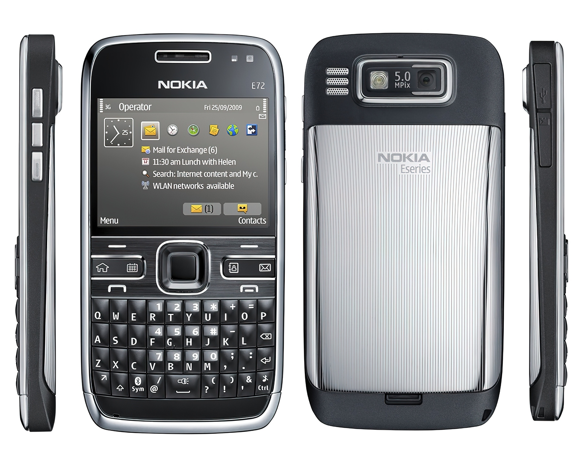 Nokia E72, Czarna, Srebrna, Przód, Tył, Boki