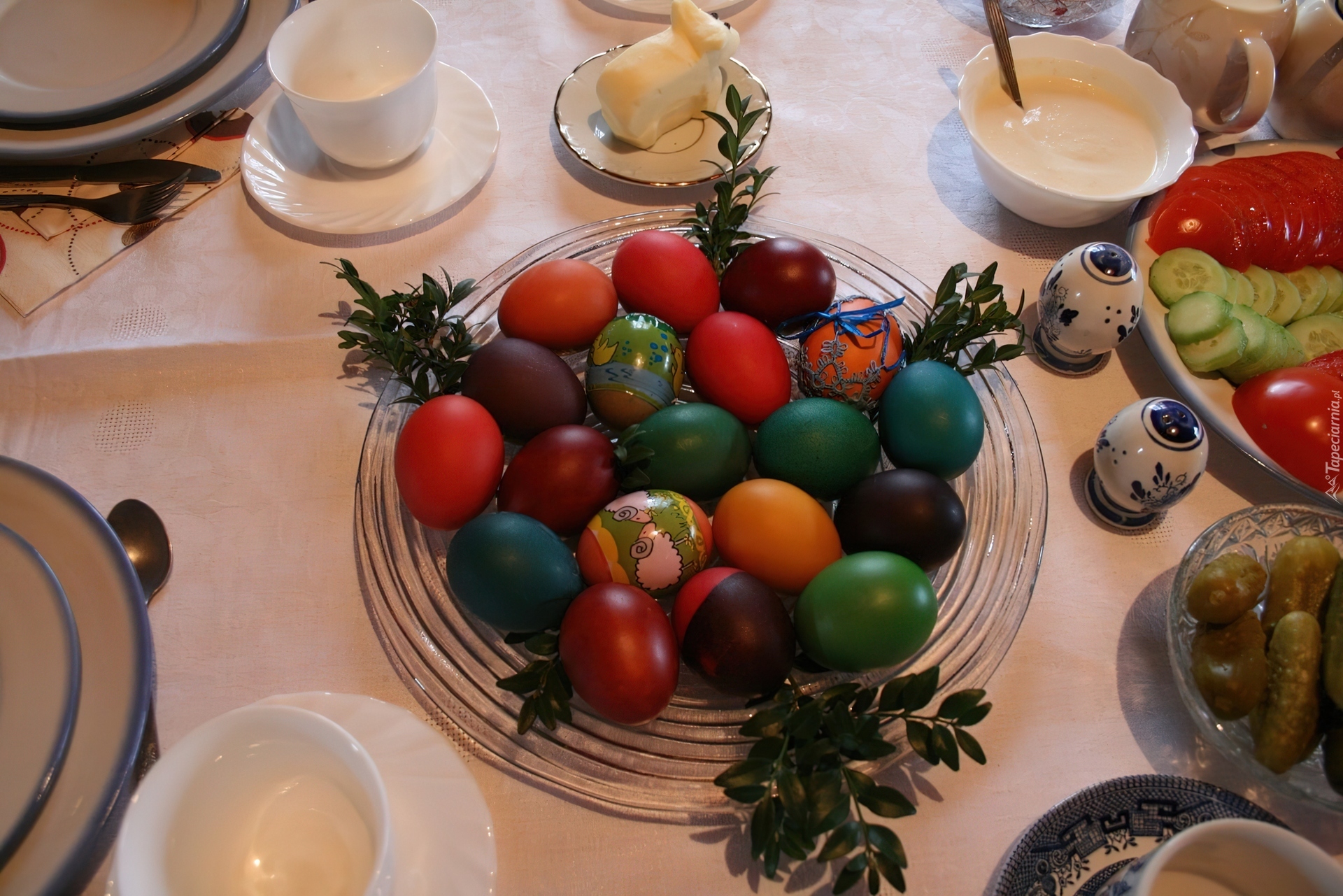 Stół, wielkanocny, malowane, jajka