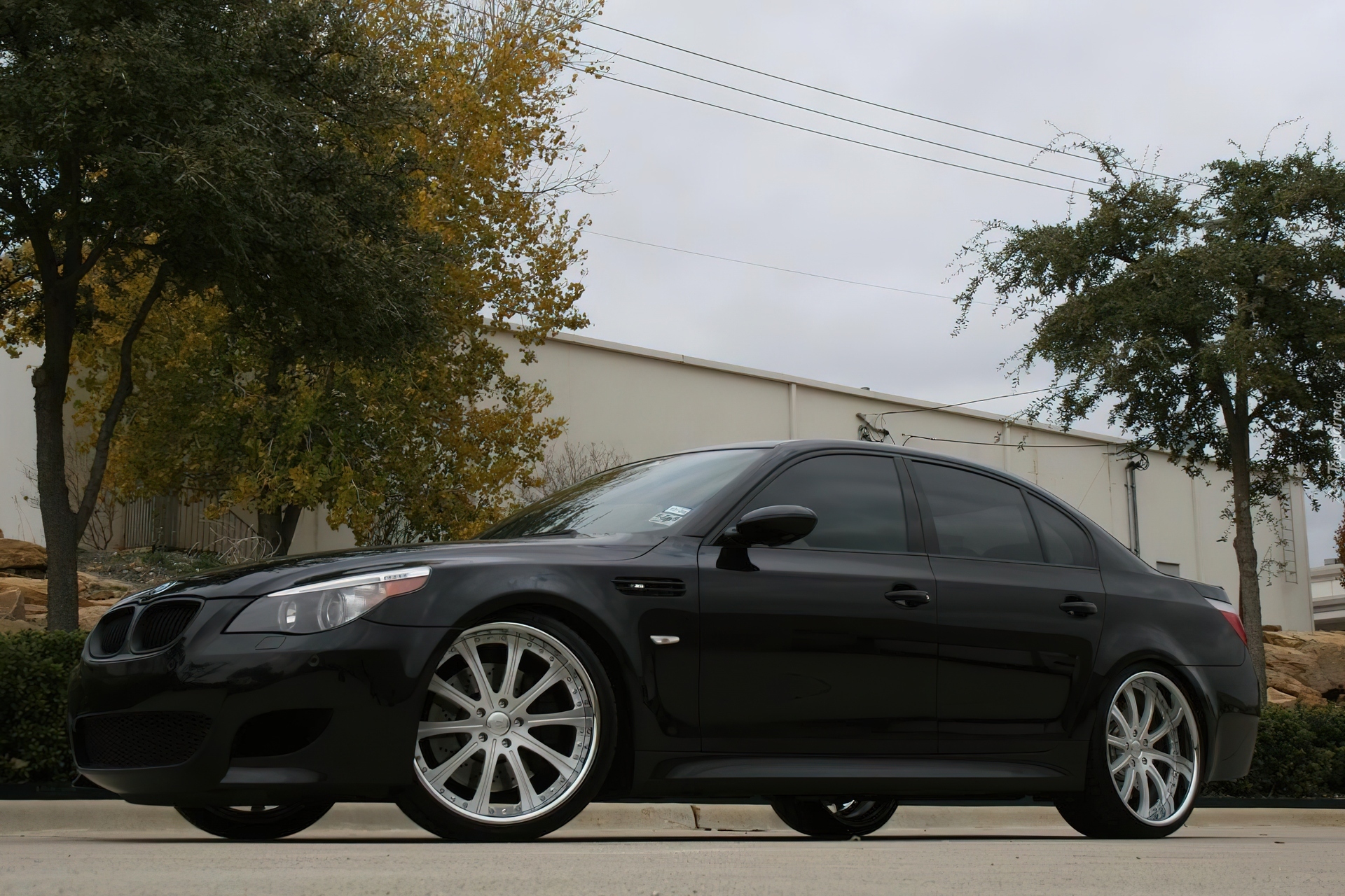 Czarny, BMW 5, E60, Ulica, Mur