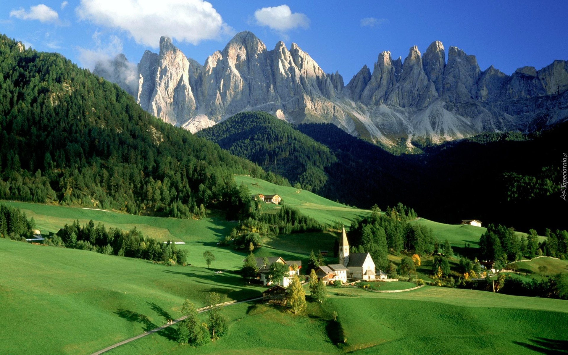 Włochy, Dolomity, Dolina Val di Funes, Wieś Santa Maddalena, Góry, Masyw Odle, Kościół, Lasy, Drzewa