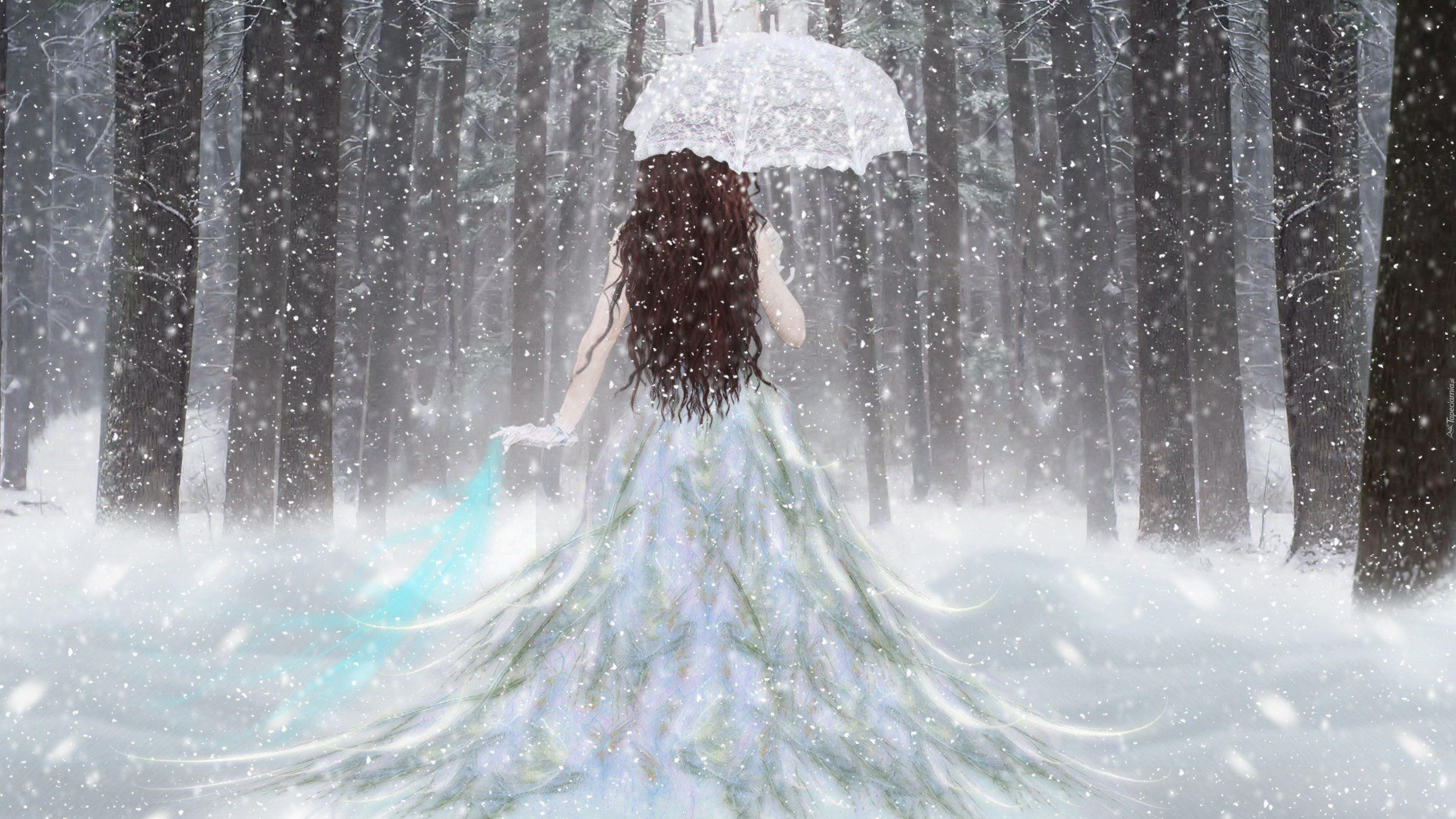 Fantasy, Kobieta, Zima, Śnieg, Parasolka