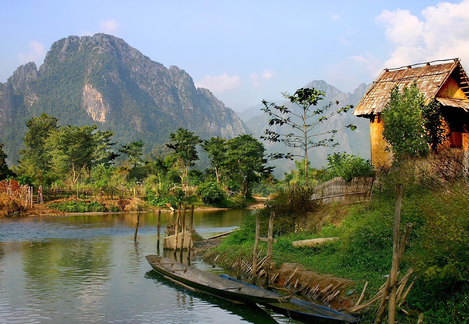 Rzeka, Laos, Czółna, Chatka