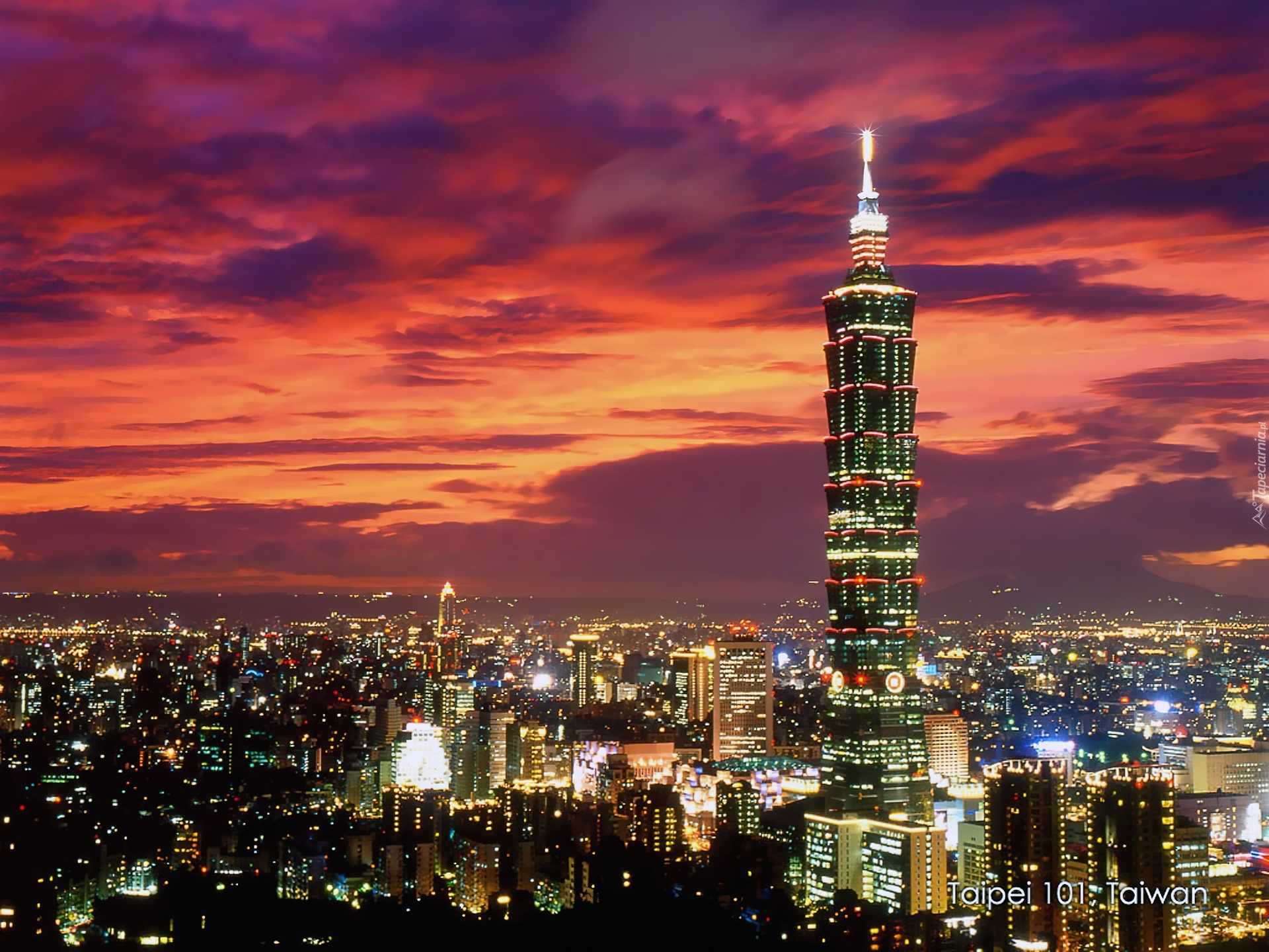 Tajwan, Taipei 101, Panorama, Noc, Światła