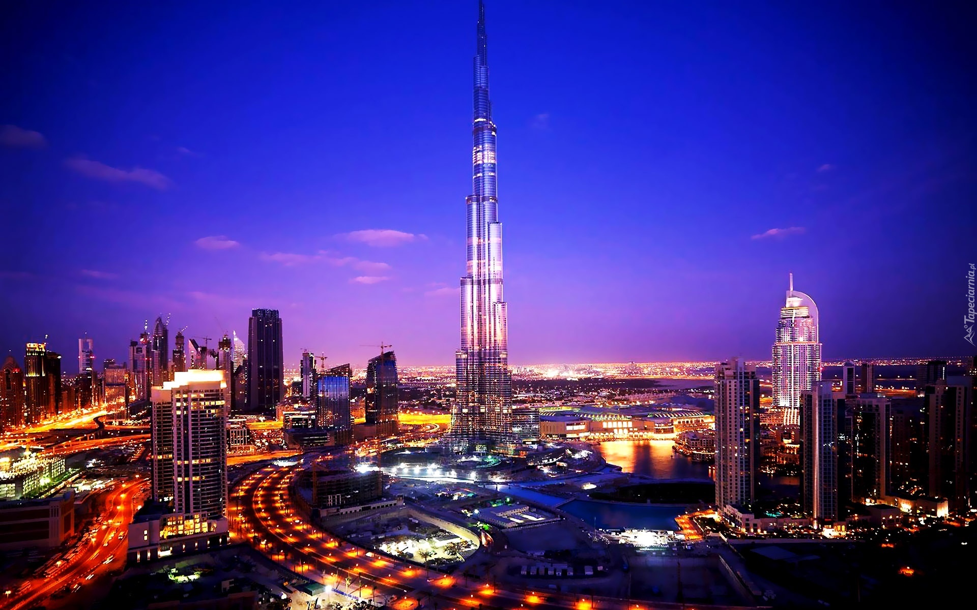 Zjednoczone Emiraty Arabskie, Dubaj, Burj Khalifa, Noc, Światła,  Miasto nocą