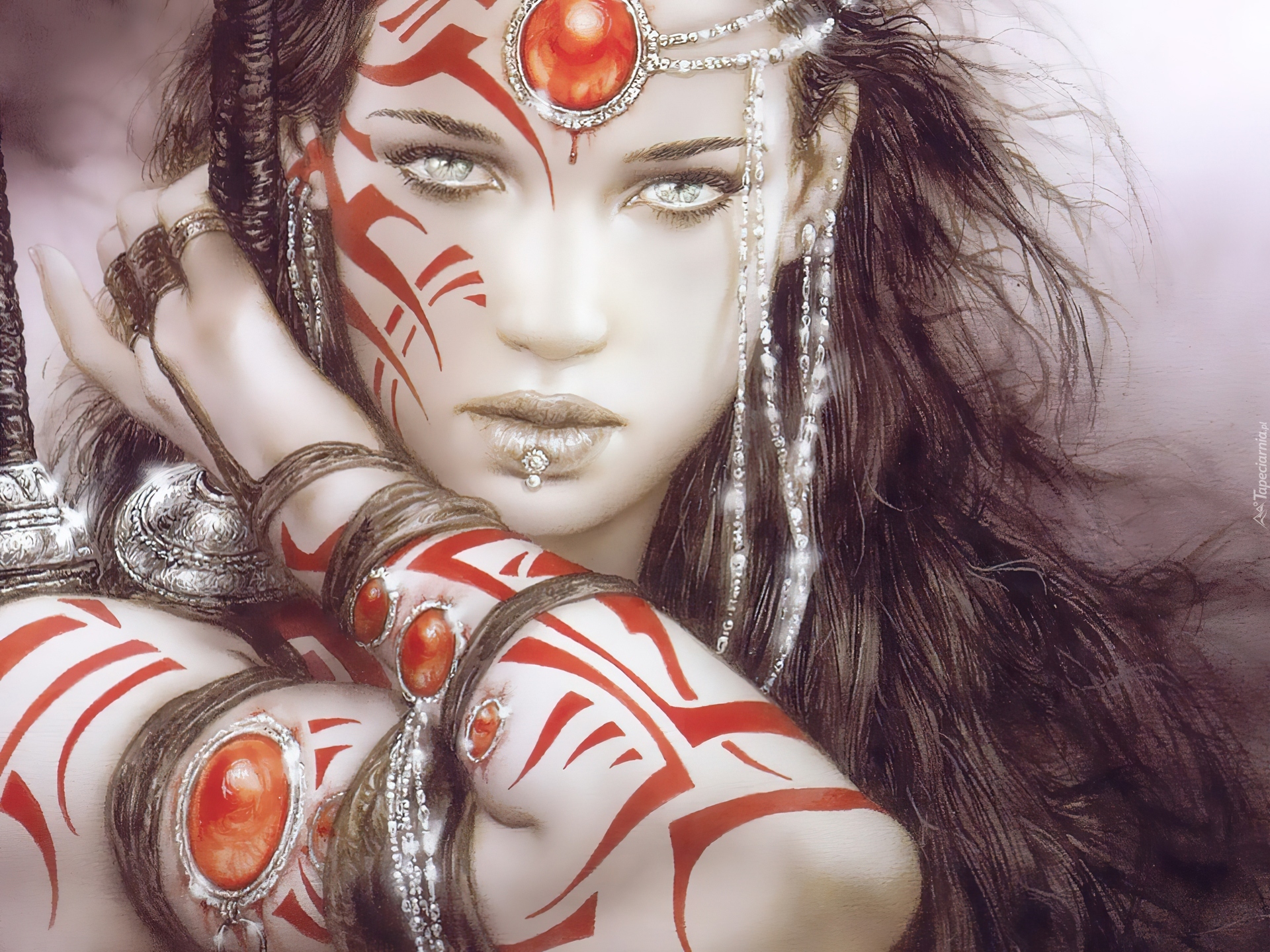 Kobieta, Biżuteria, Czerwone, Tatuaże