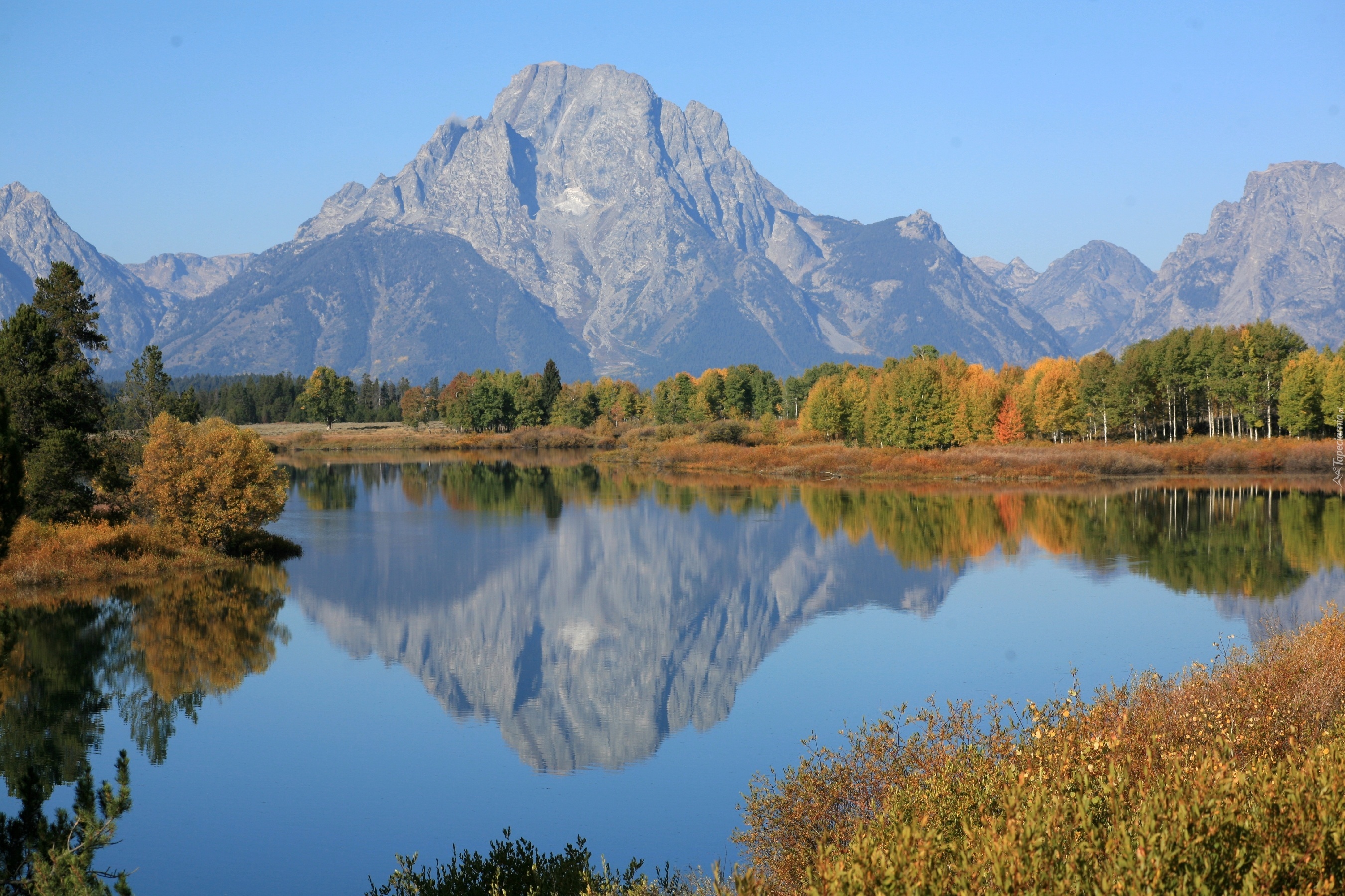 Stany Zjednoczone, Stan Wyoming, Park Narodowy Grand Teton, Rzeka Snake River,  Góry Mount Moran