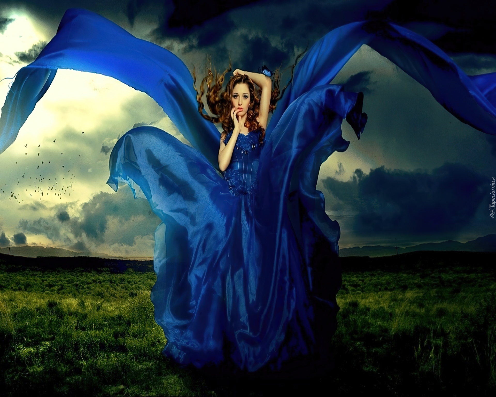 Kobieta, Niebieska, Suknia, Wiatr