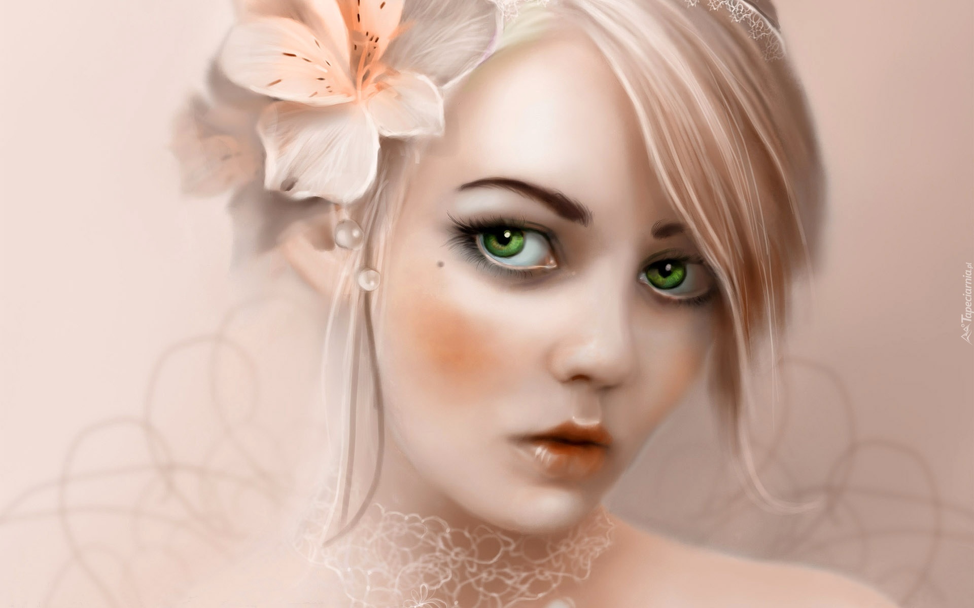 Kobieta, Jasne, Włosy, Kwiat, Zielone, Oczy