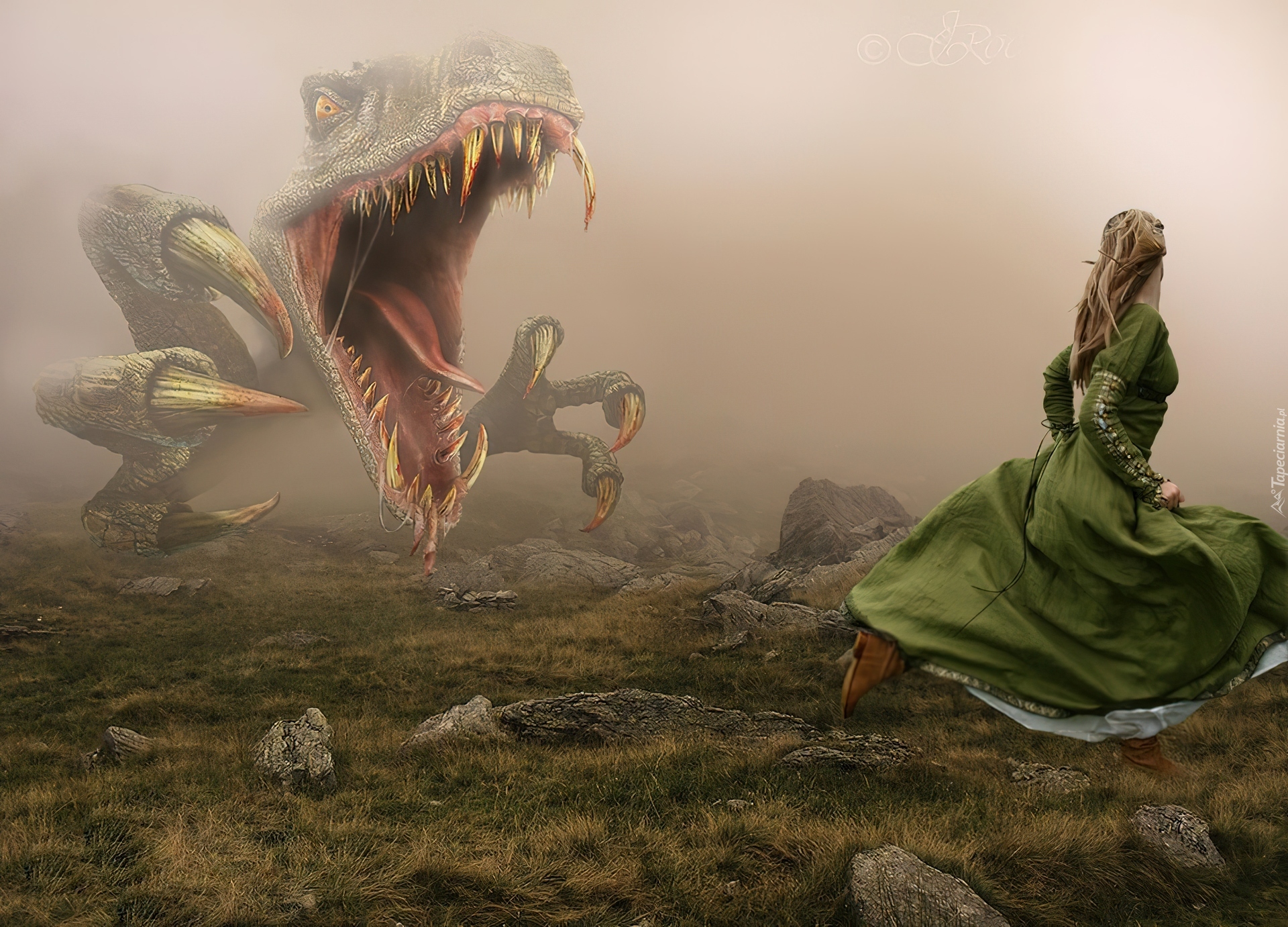 Uciekająca, Kobieta, Dinozaur