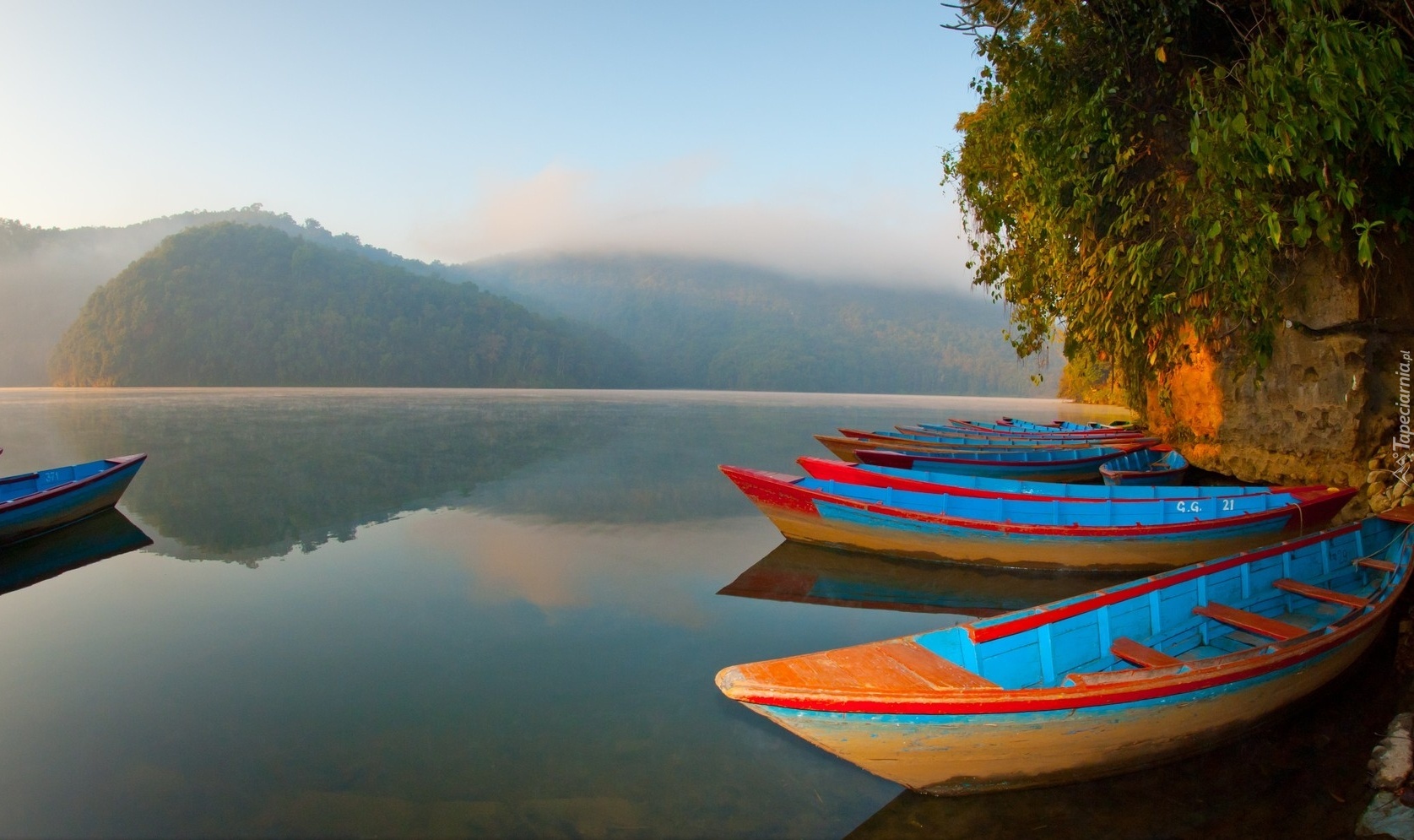 Jezioro, Phewa, Pokhara, Łodzie, Poranek, Nepal