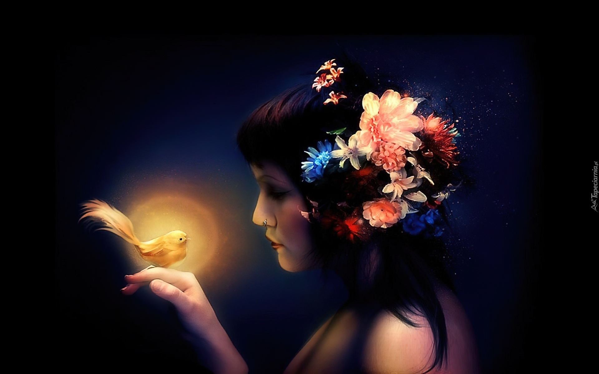 Kobieta, Kwiaty, Włosy, Ptak