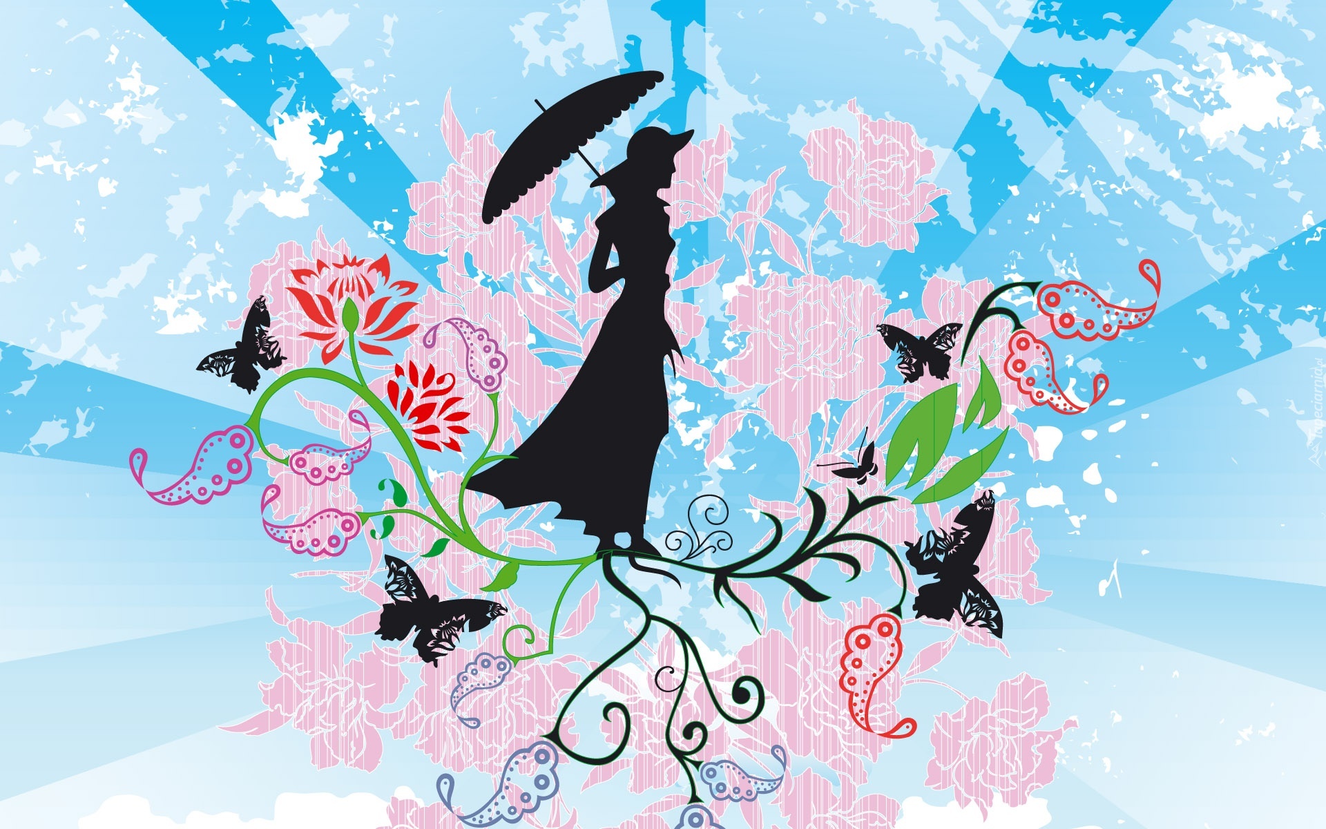 Kwiaty, Kobieta, Parasol, Motyle