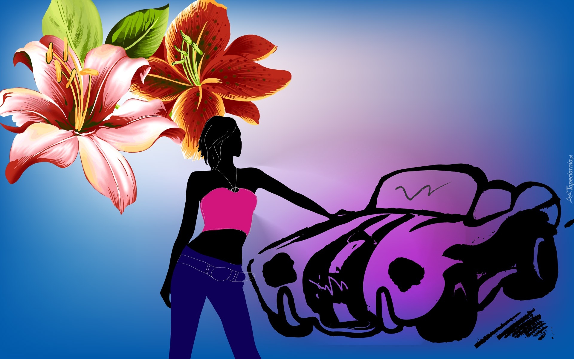 Kwiaty, Lilie, Dziewczyna, Samochód, Grafika