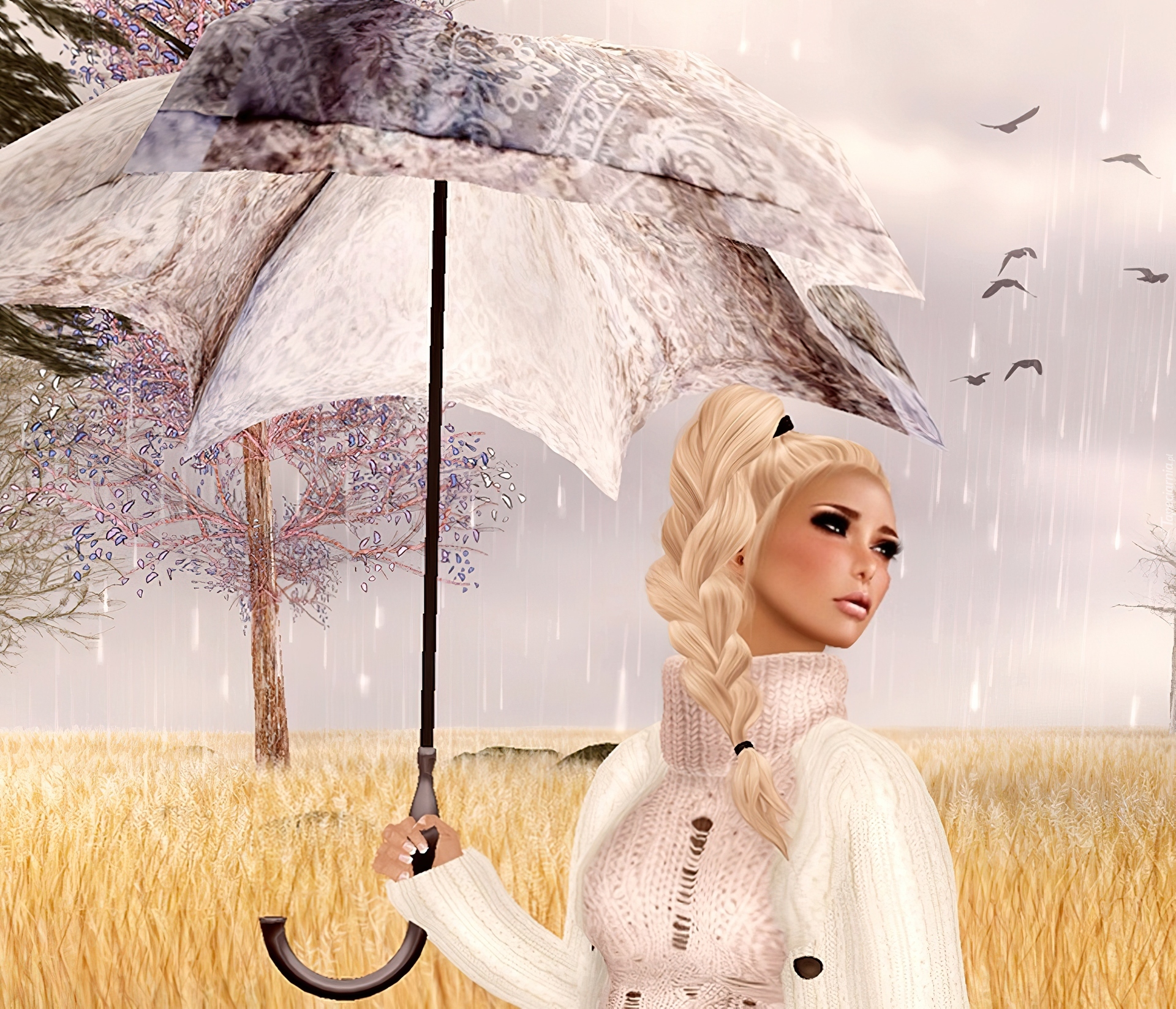 Kobieta, Parasol, Deszcz, Grafika 2D