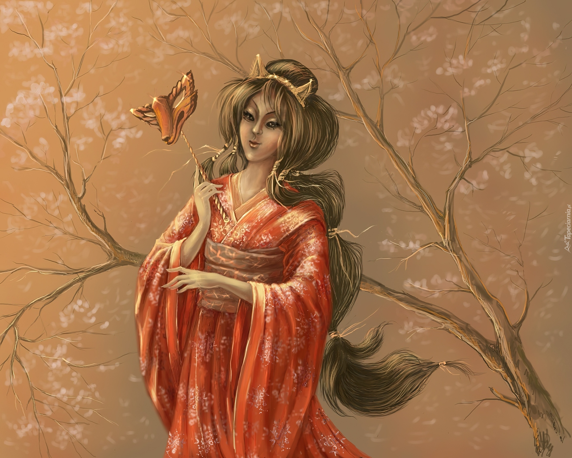 Kobieta, Maska, Kimono, Drzewo