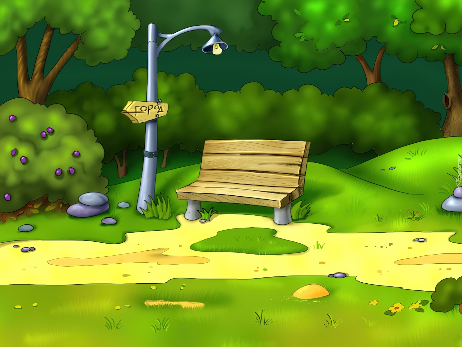 Park, Ławeczka, Drogowskaz, Grafika