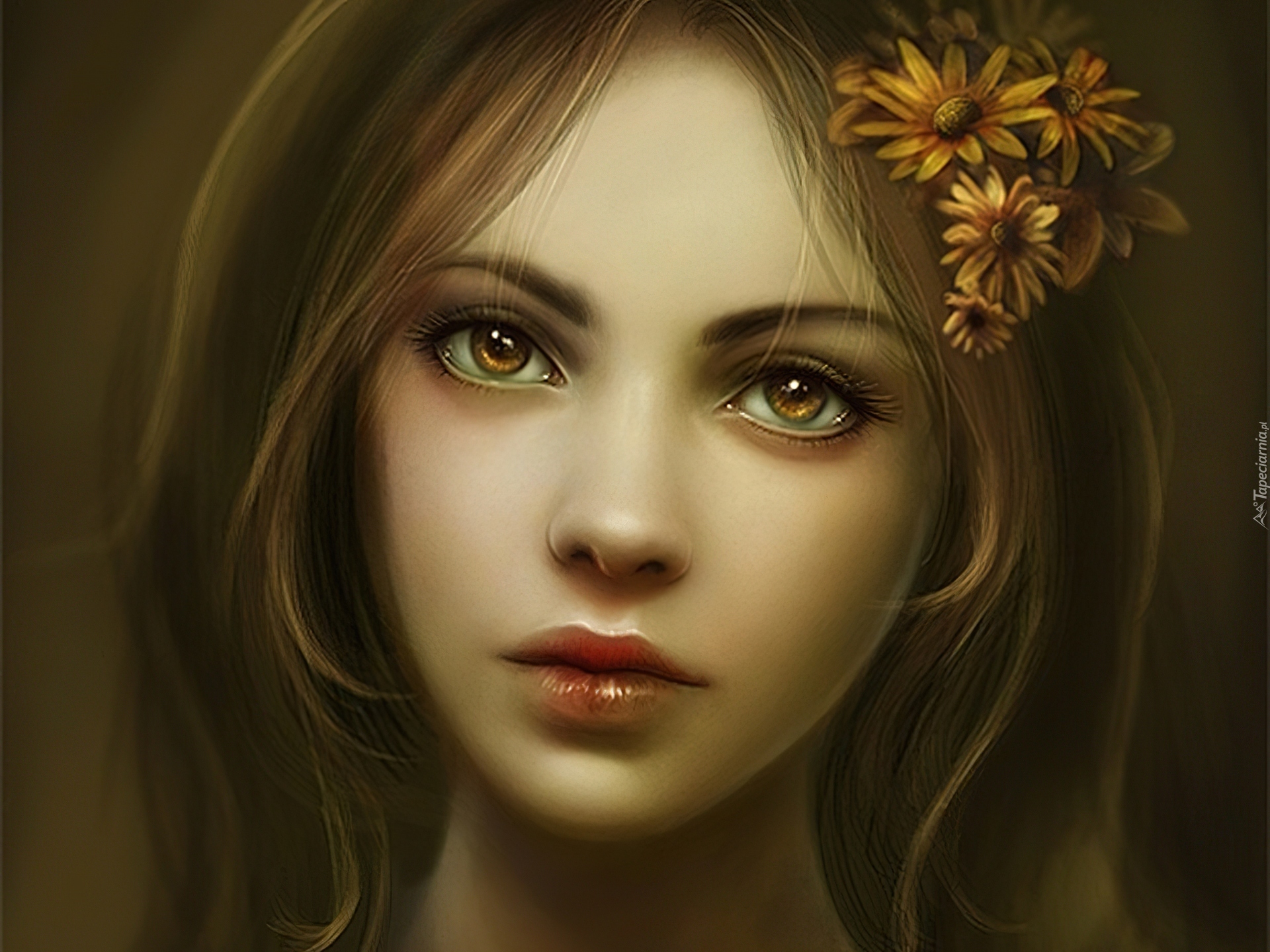 Dziewczyna, Kwiaty, Brązowe, Oczy