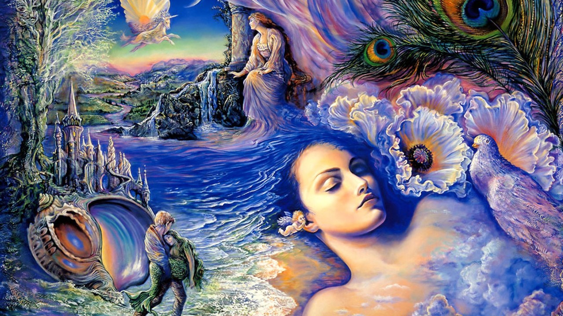 Kobieta, Kwiaty, Woda, Zamek, Josephine Wall