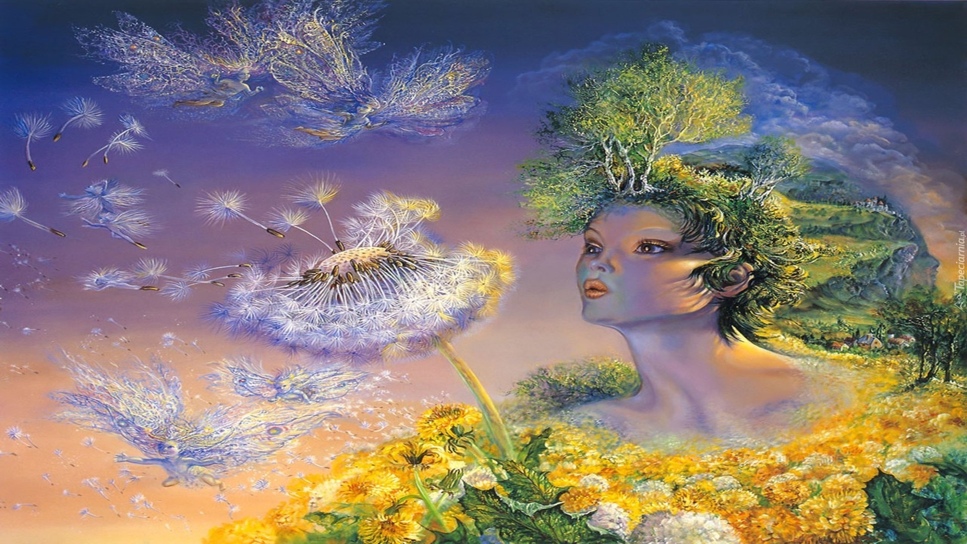 Kobieta, Dmuchawiec, Kwiaty, Josephine Wall