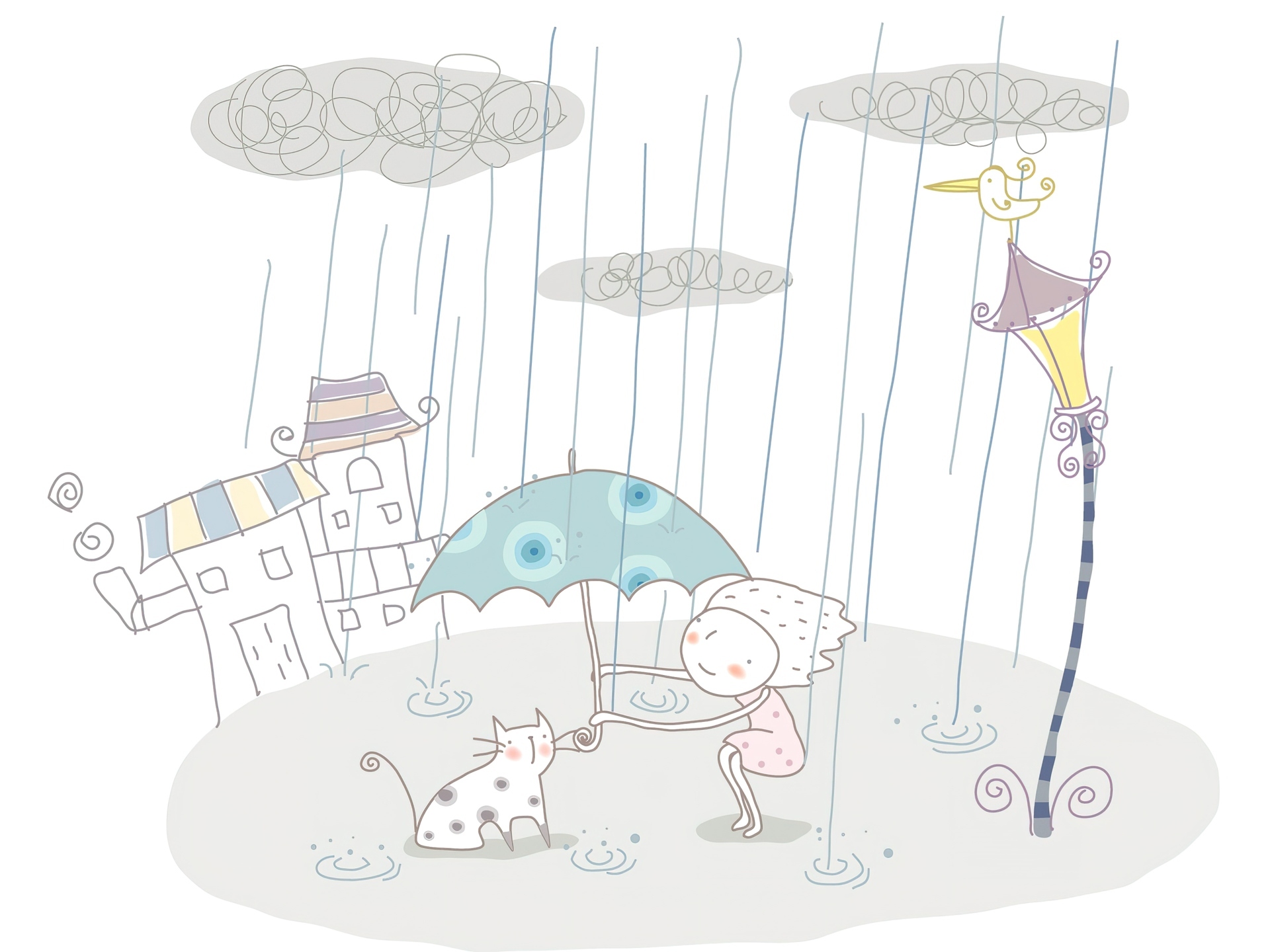 Dziewczynka, Deszcz, Kot, Parasol  Dla dzieci