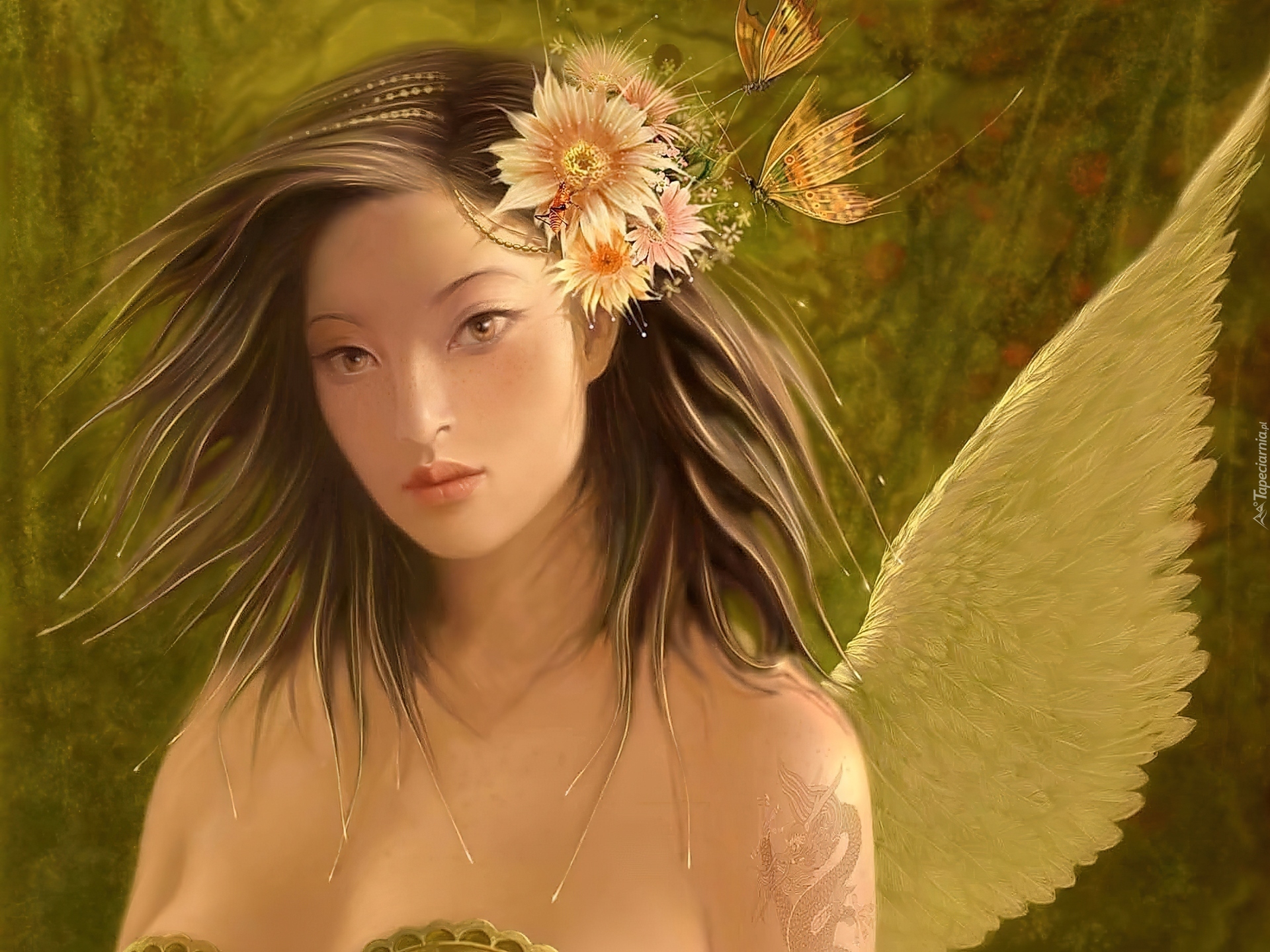 Kobieta, Anioł, Kwiatki, Motyle
