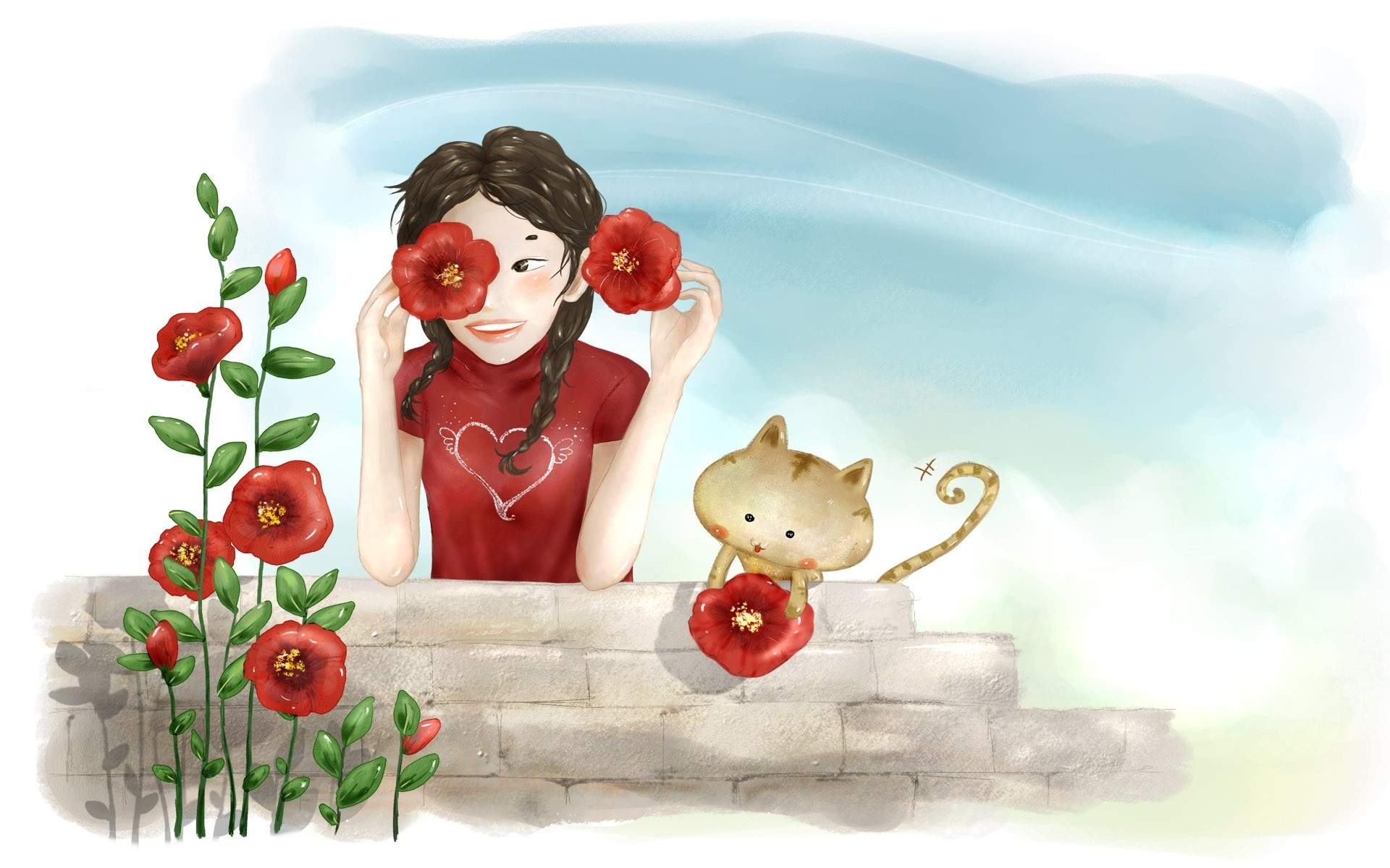 Dziewczyna, Kot, Kwiaty