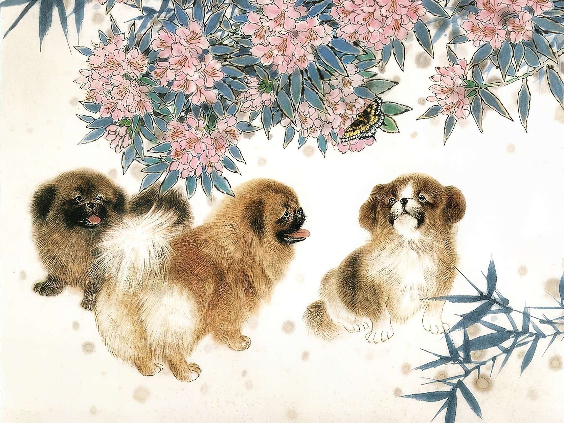 Trzy, Psy, Kwiaty
