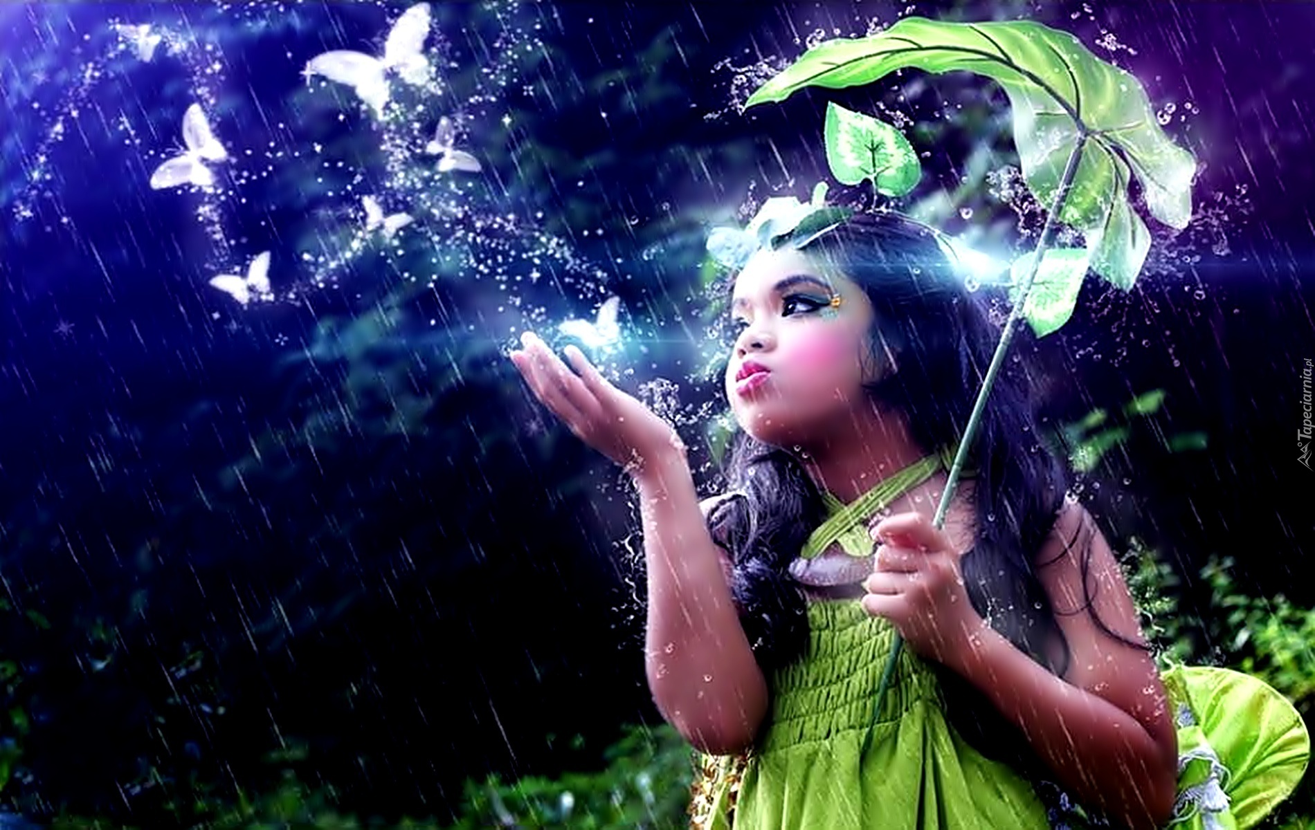 Dziewczynka, Deszcz, Motyle