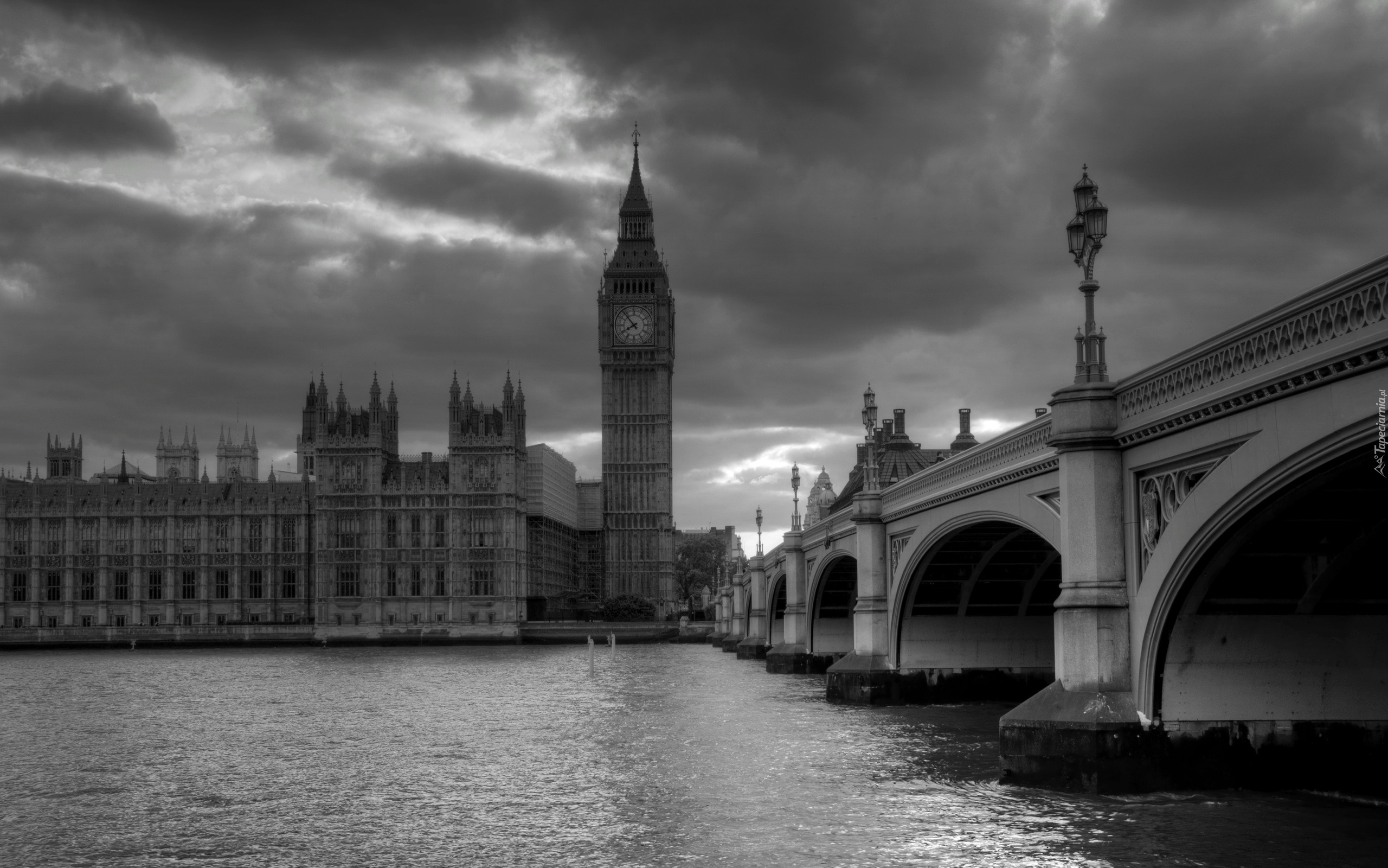 Anglia, Londyn, Big Ben, Most Westminsterski, Rzeka Tamiza, Czarno-białe