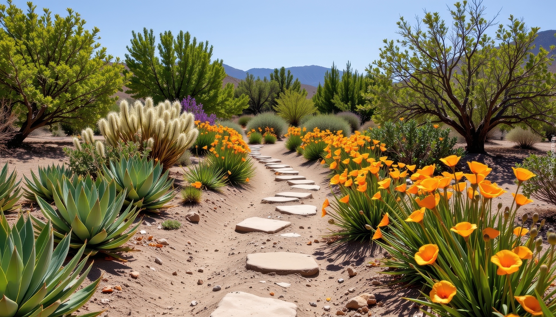 Ogród, Ścieżka, Drzewa, Kwiaty, Agawa, Krzewy, Rośliny