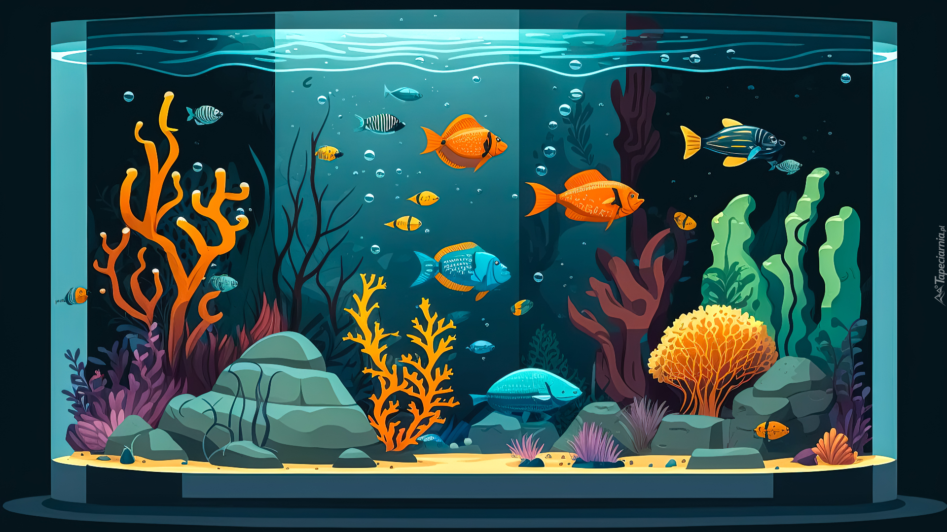 Akwarium, Kolorowe, Rybki, Roślinki, Koralowce, Grafika