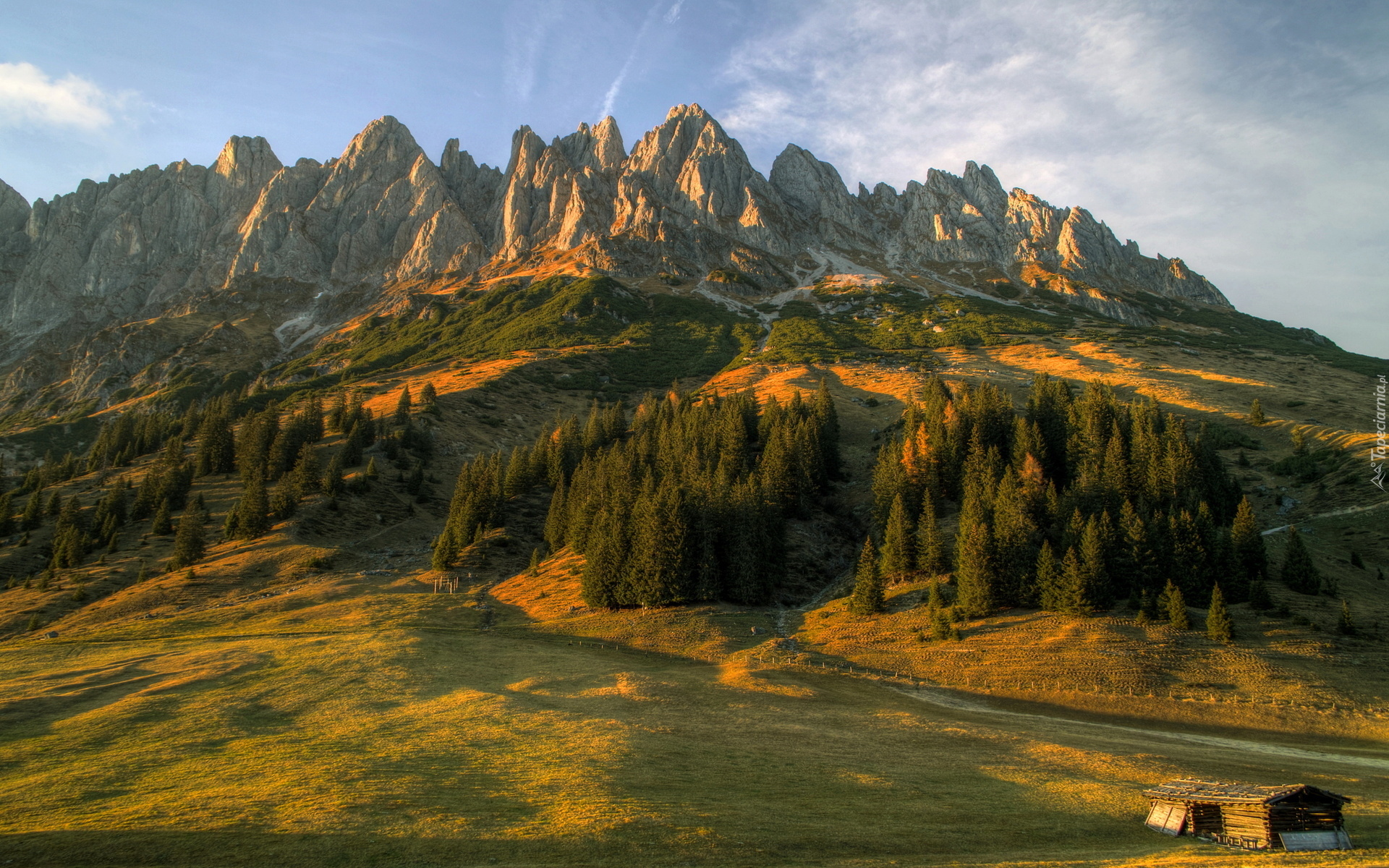 Góry, Alpy Salzburskie, Las, Droga, Szopa, Zachód słońca, Austria