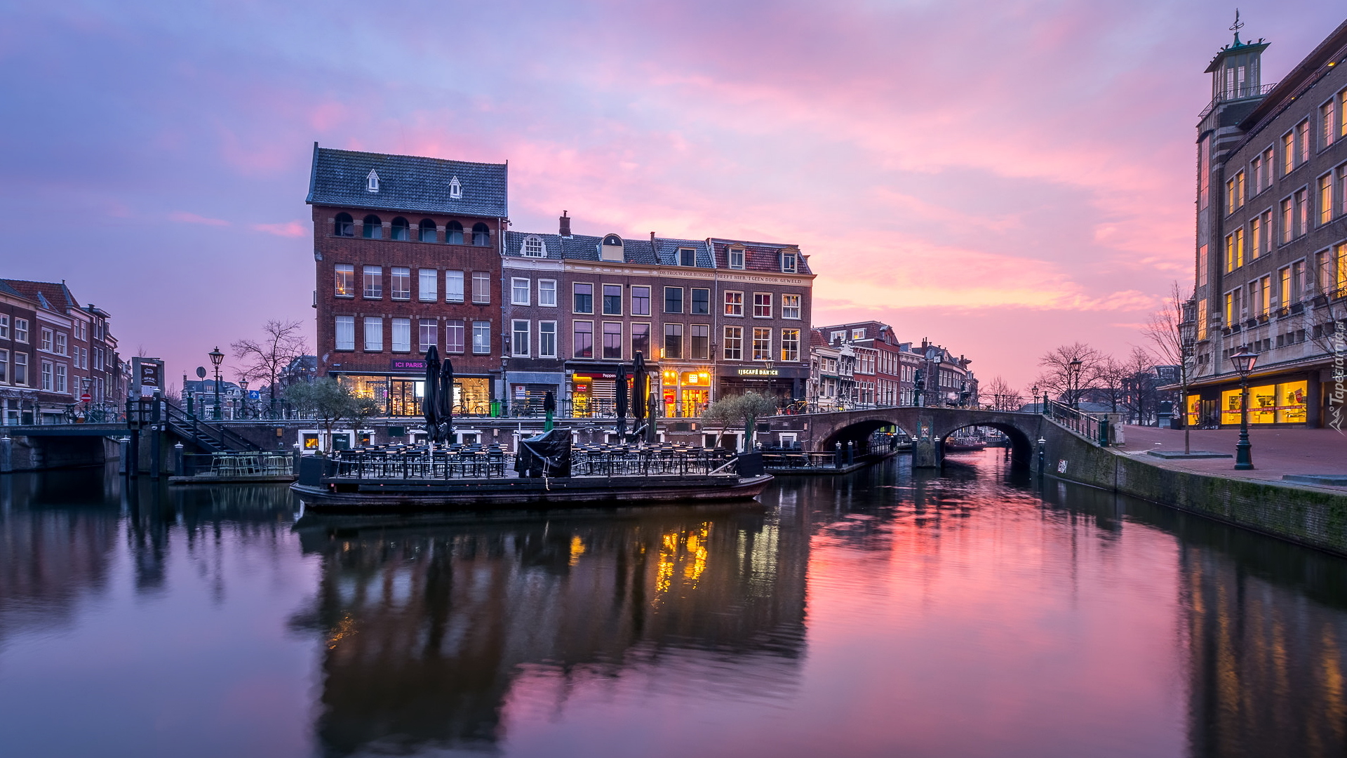 Poranek, Domy, Kanał, Most, Amsterdam, Holandia