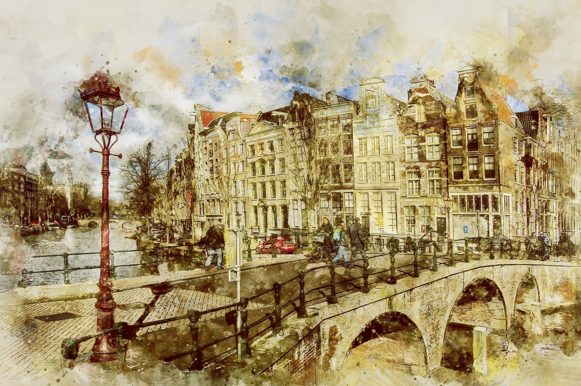 Amsterdam, Holandia, Paintography, Most, Domy, Latarnia