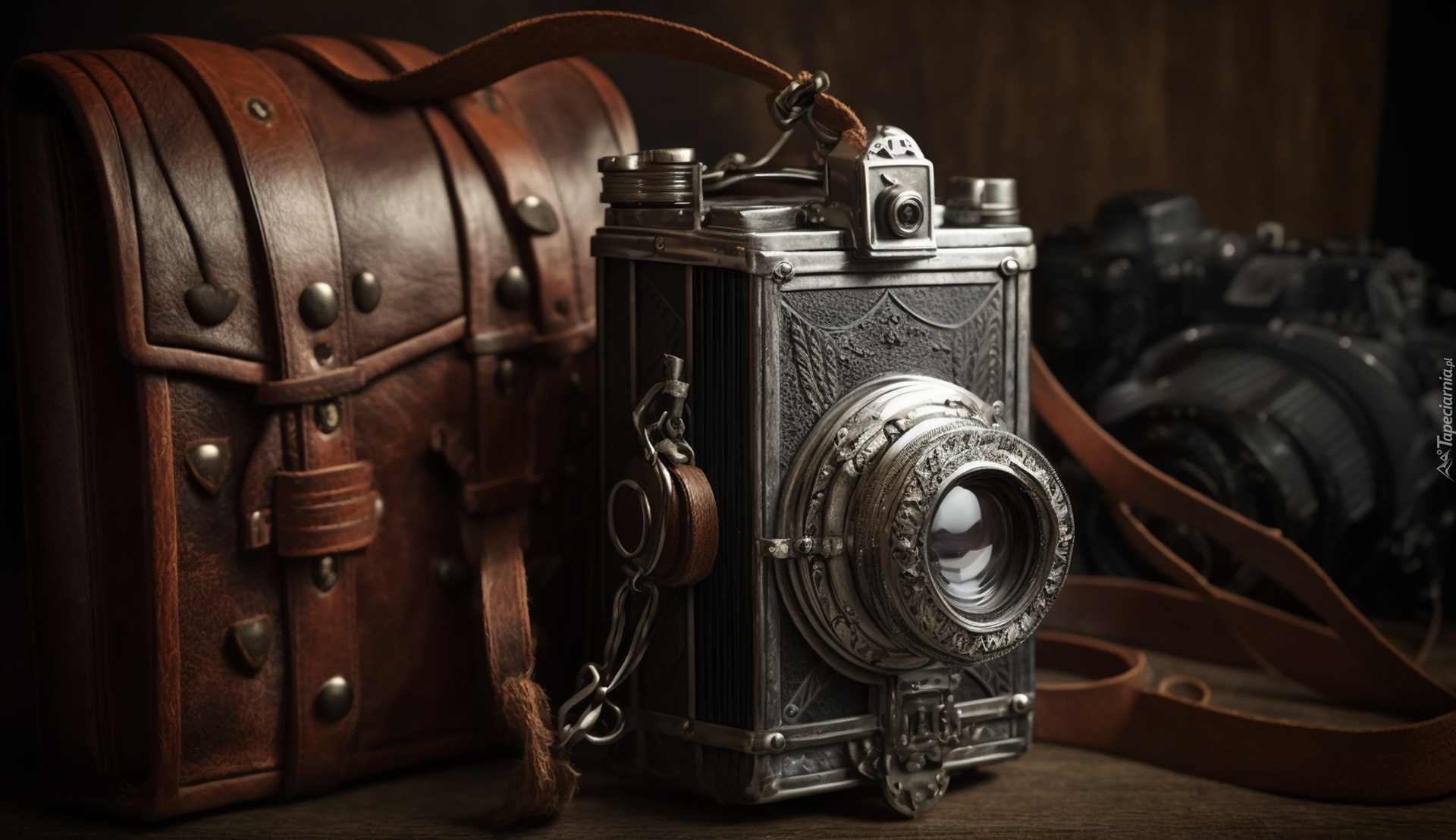 Aparat fotograficzny, Retro, Skórzany, Futerał, Antyk, Grafika AI