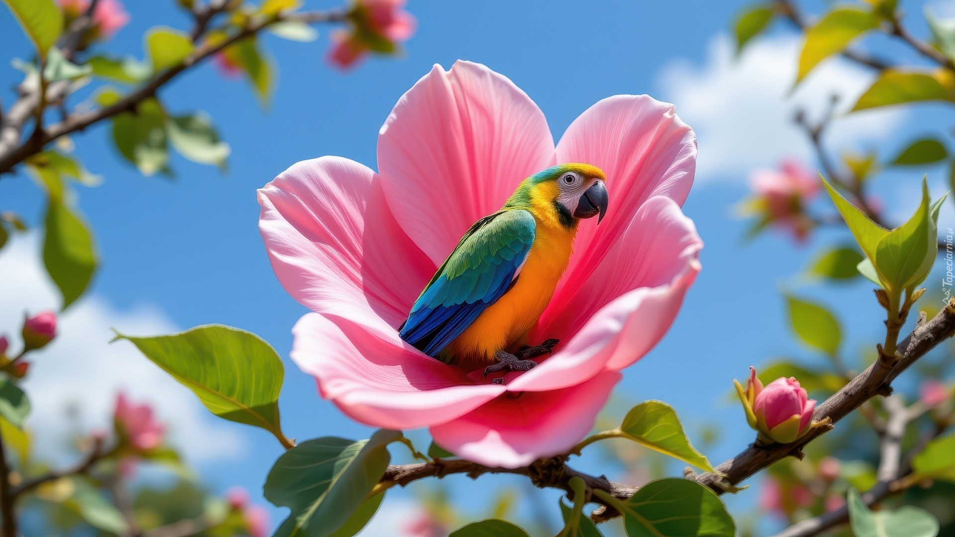 Papuga, Ara, Kwitnąca, Gałązka, Różowy, Kwiat