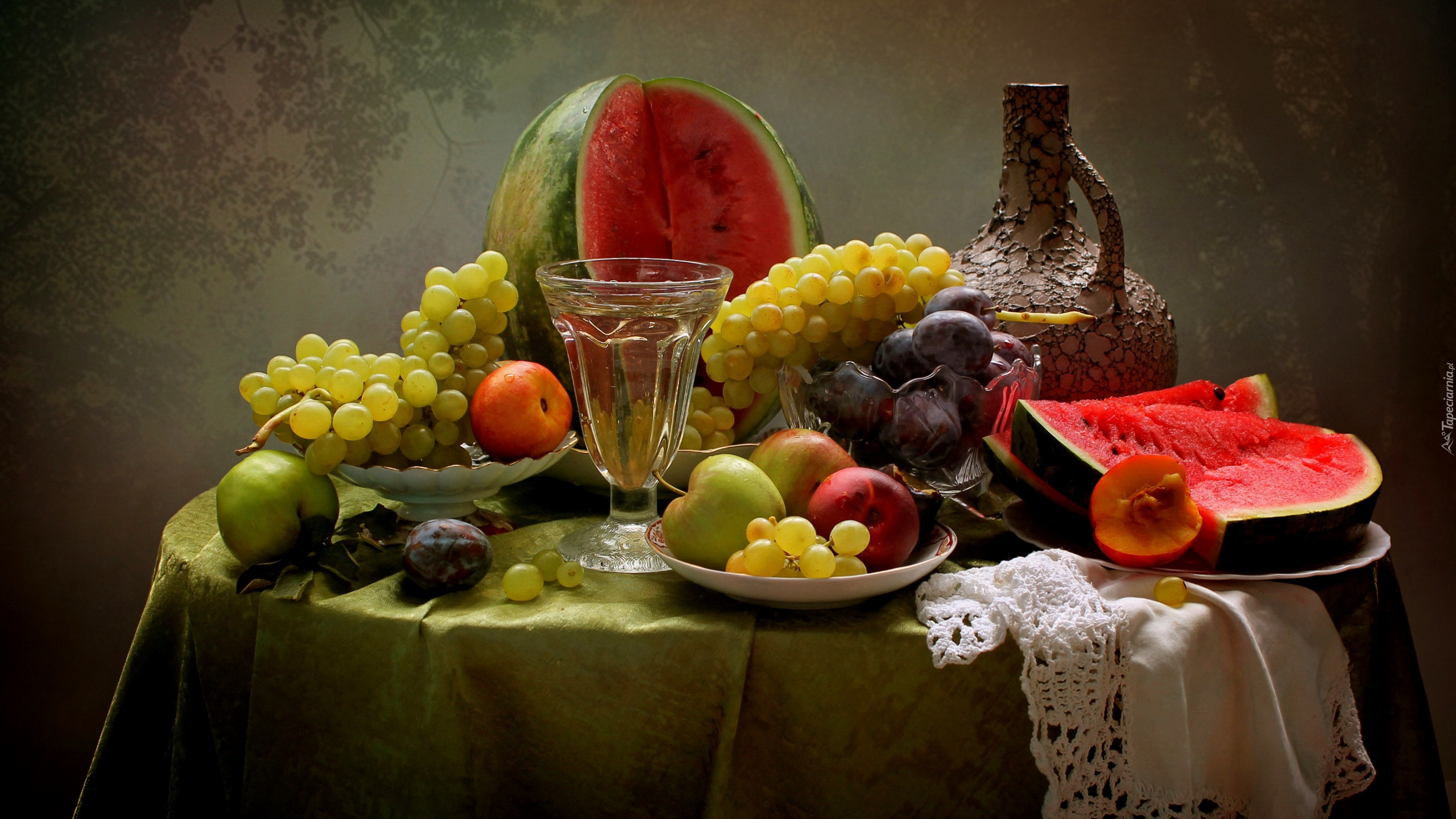 Lato, Wino, Jabłka, Arbuz, Winogrona, Owoce, Śliwki, Nektarynki, Stół