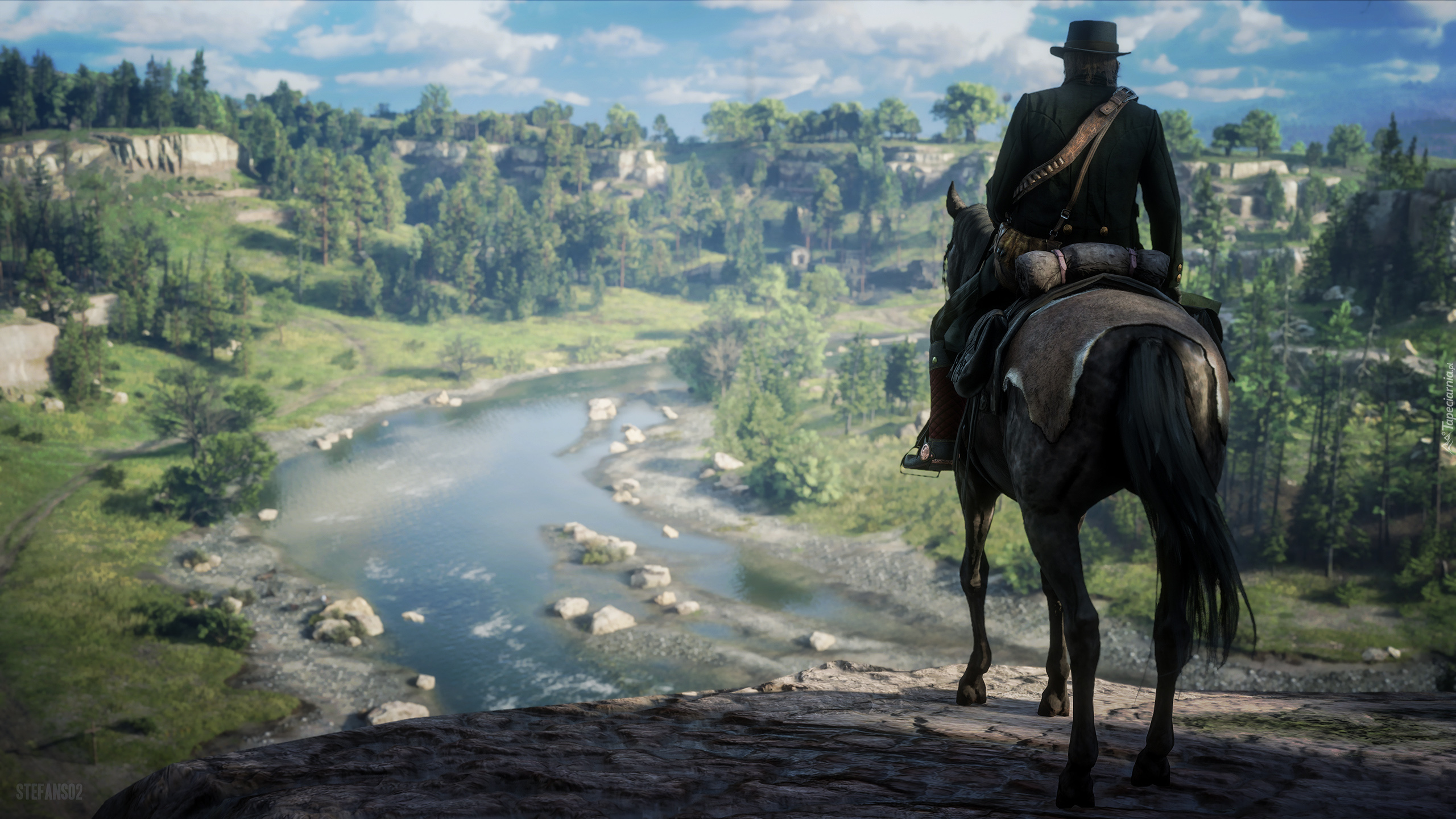 Gra, Red Dead Redemption 2, Jeździec, Kowboj, Arthur Morgan, Koń, Skała, Rzeka, Dolina