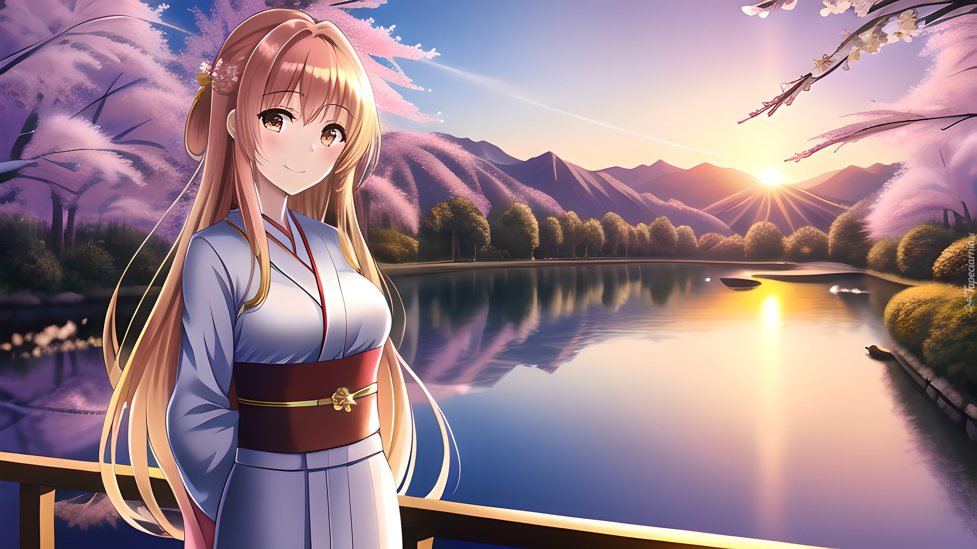 Dziewczyna, Asuna, Kimono, Rzeka, Most, Anime, Sword Art Online