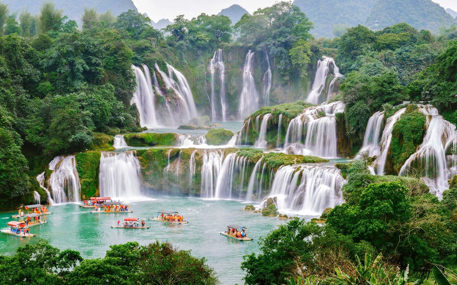 Wodospad Ban Gioc Waterfall, Łodzie, Jezioro, Rzeka, Cao Bang, Wietnam